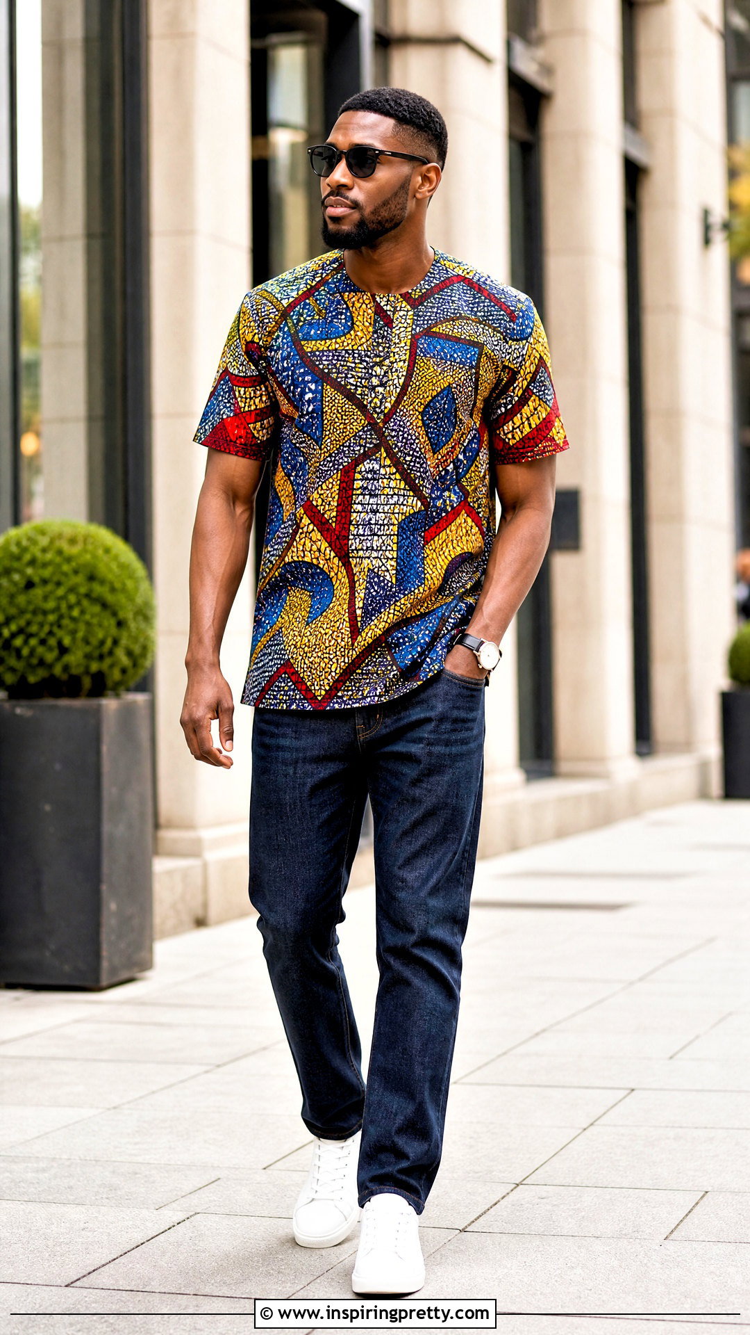 Ankara Top With Dark Jeans And Sneakers - 50 ankara top for men outfit ideas