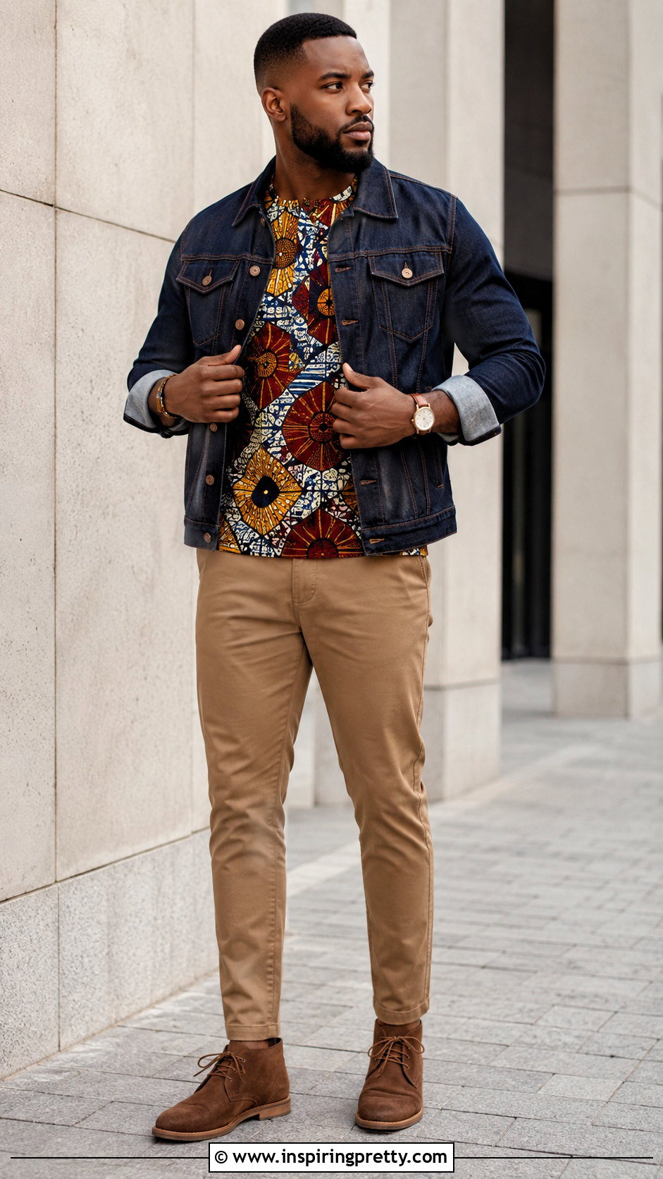 Ankara Top With Denim Jacket And Chinos - 20 men ankara top outfit ideas