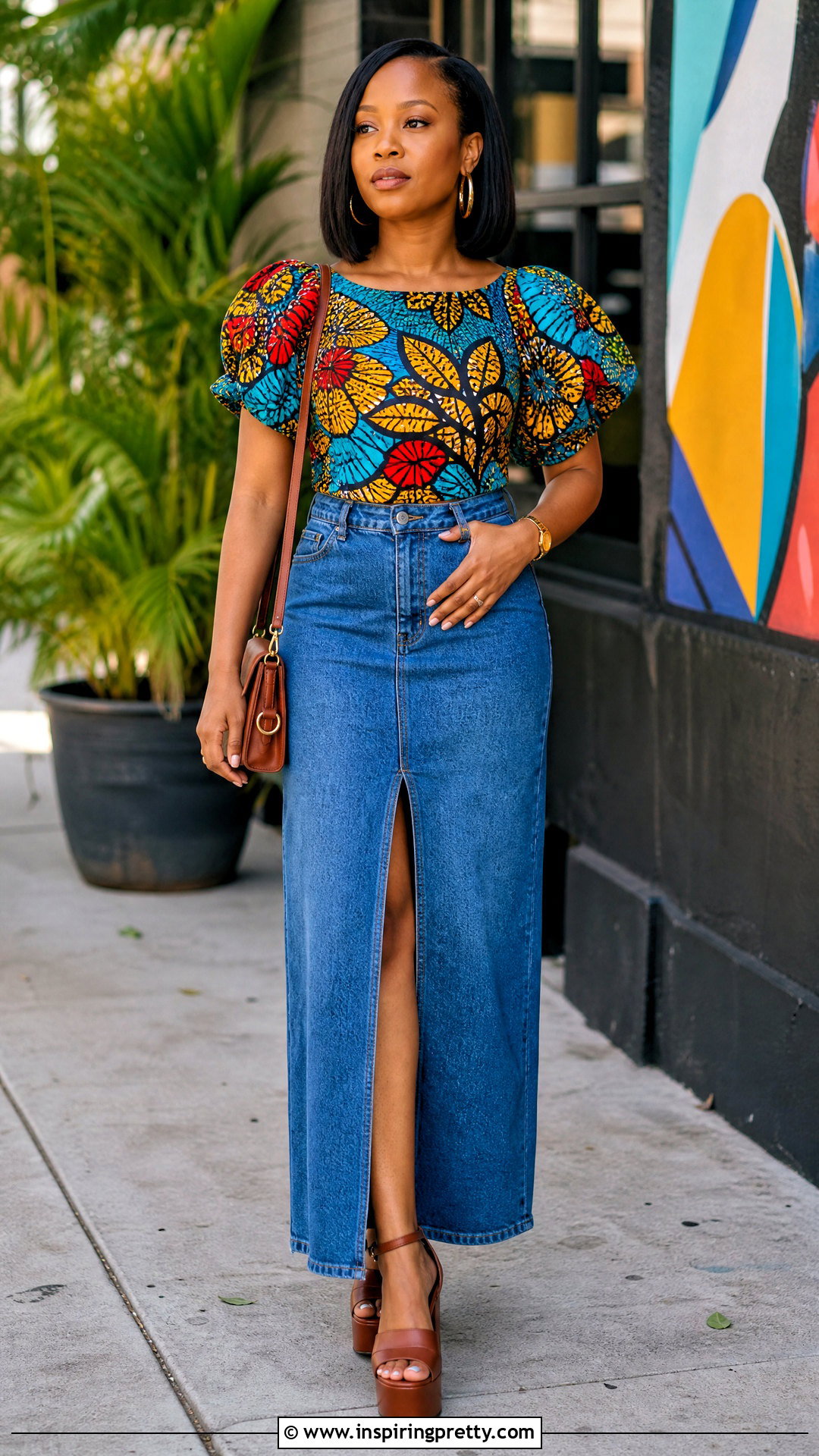 Ankara Top With Denim Maxi Skirt - 50 ankara tops outfit ideas