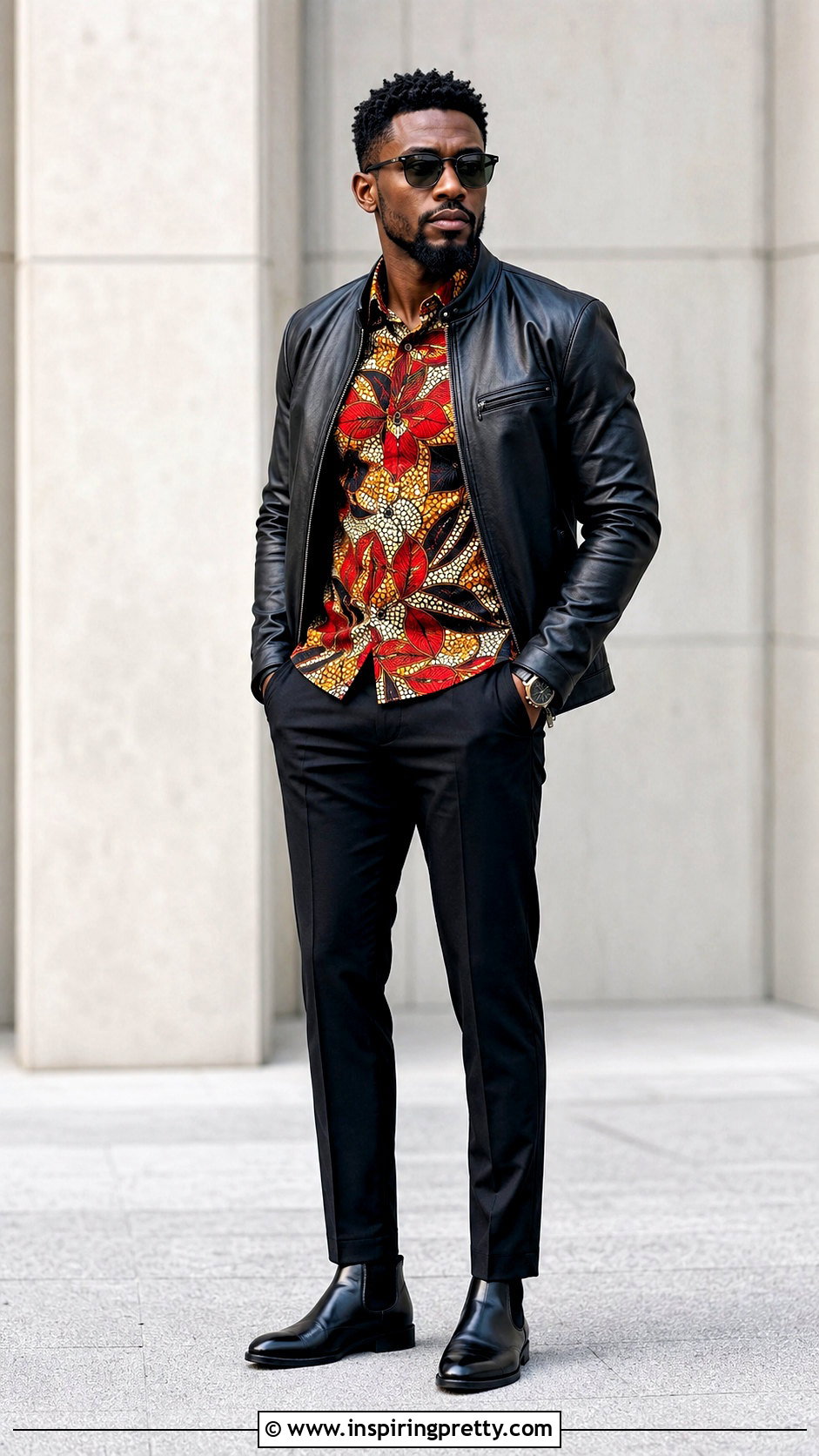 Ankara Top With Leather Jacket And Black Pants - 20 men ankara top outfit ideas