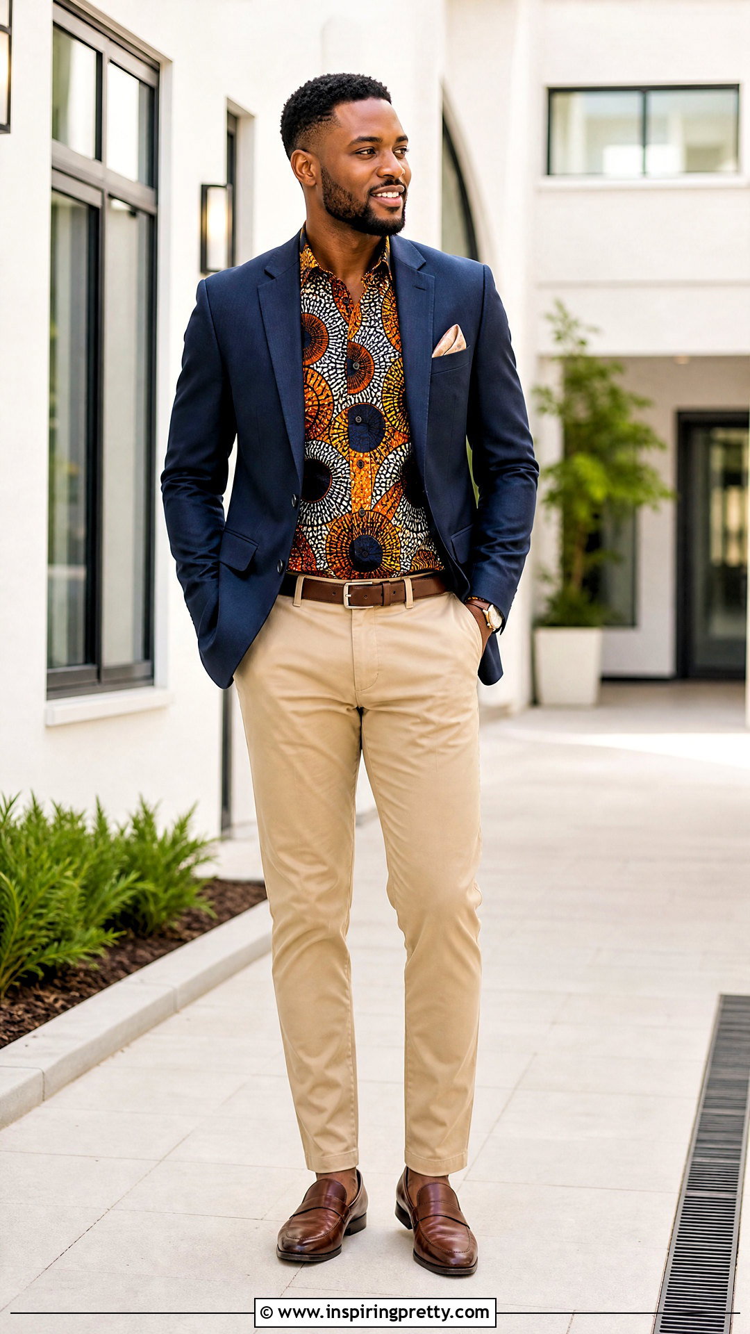 Ankara Top With Navy Blazer And Chinos - 50 ankara top for men outfit ideas