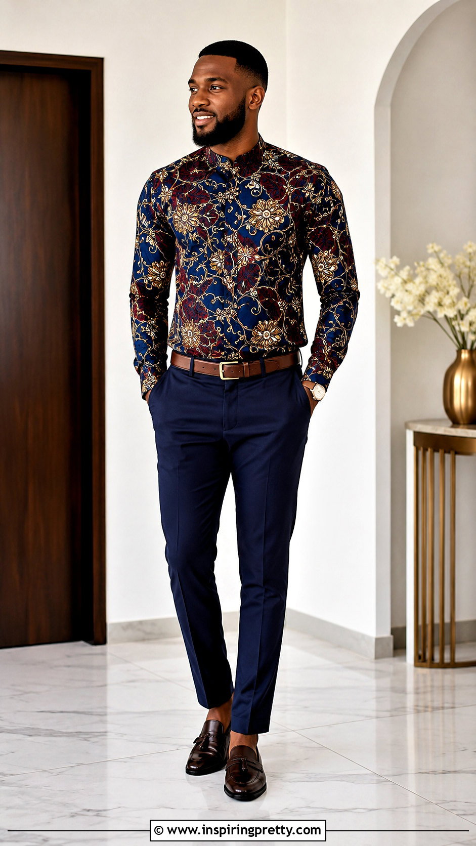 Ankara Top With Navy Trousers - 20 men ankara top outfit ideas