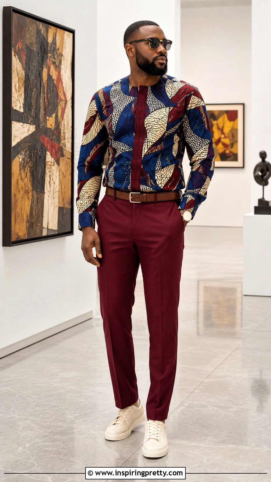 Ankara Top With Solid Matching Pants - 20 men ankara top outfit ideas