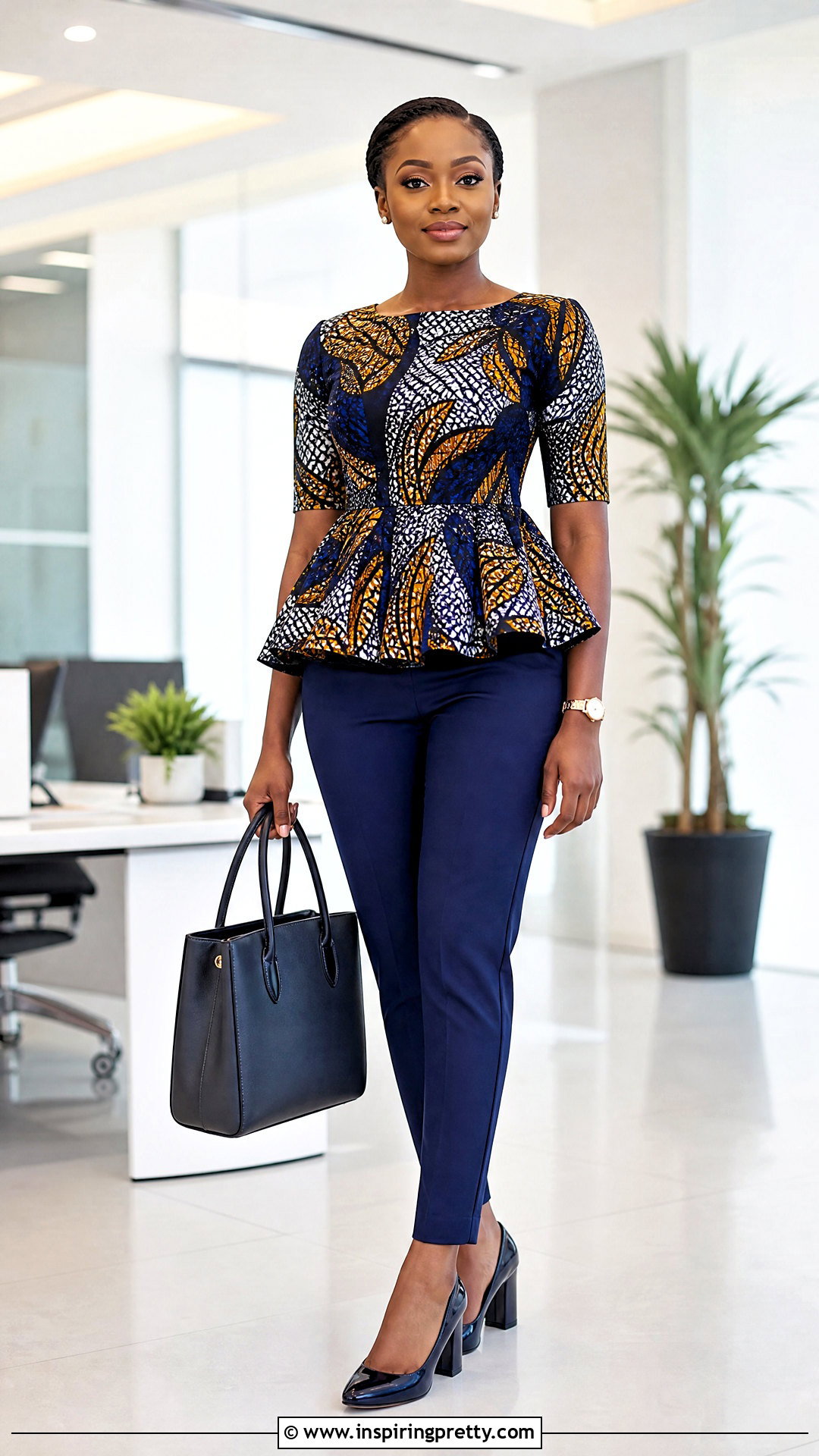 Ankara Top Work Outfit With Navy Pants - 50 cute ankara tops outfit ideas