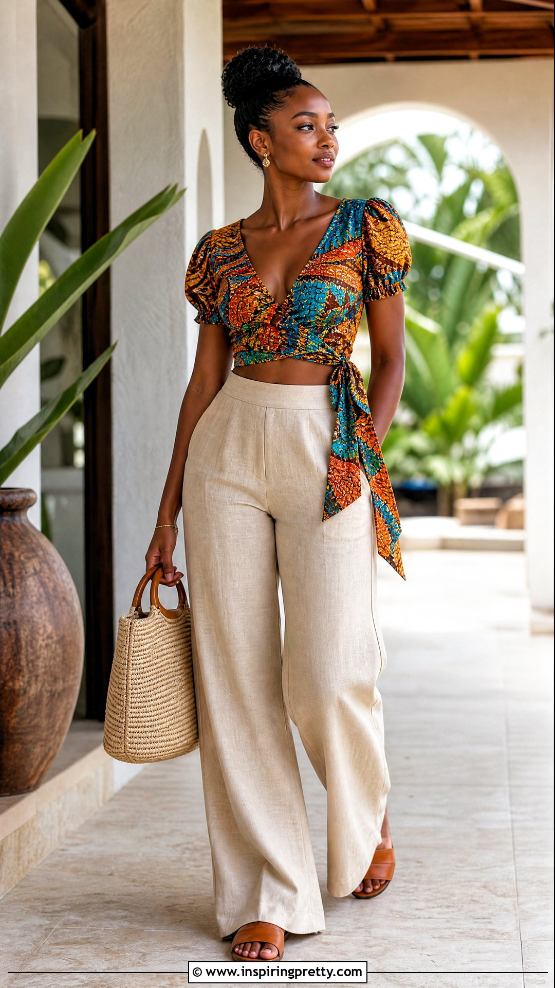 Ankara Wrap Crop Top With Linen Pants - 50 Ankara Crop Top Styles