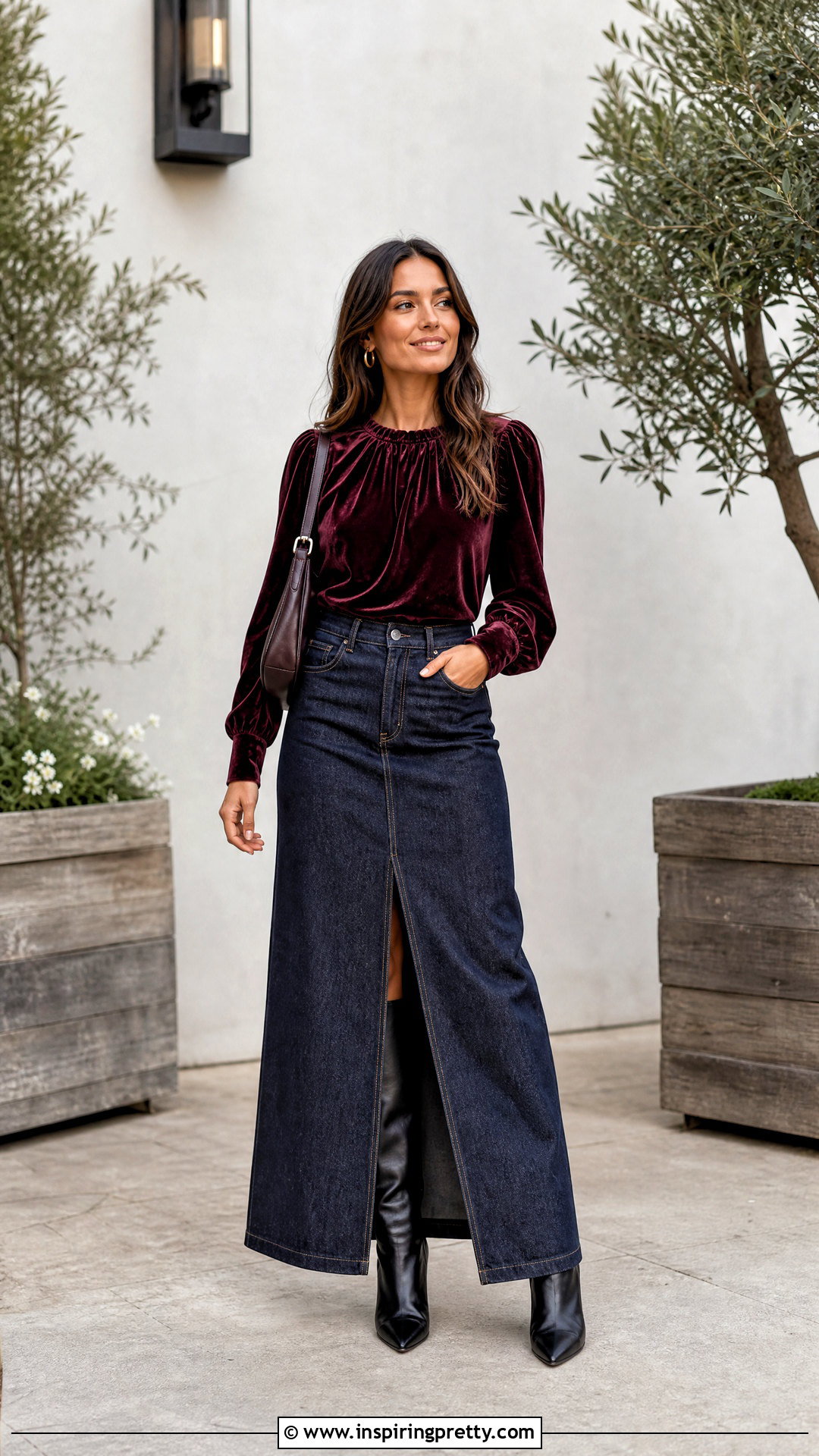 Anthropologie Velvet Top With Denim Maxi Skirt - 20 anthropologie velvet top outfit ideas