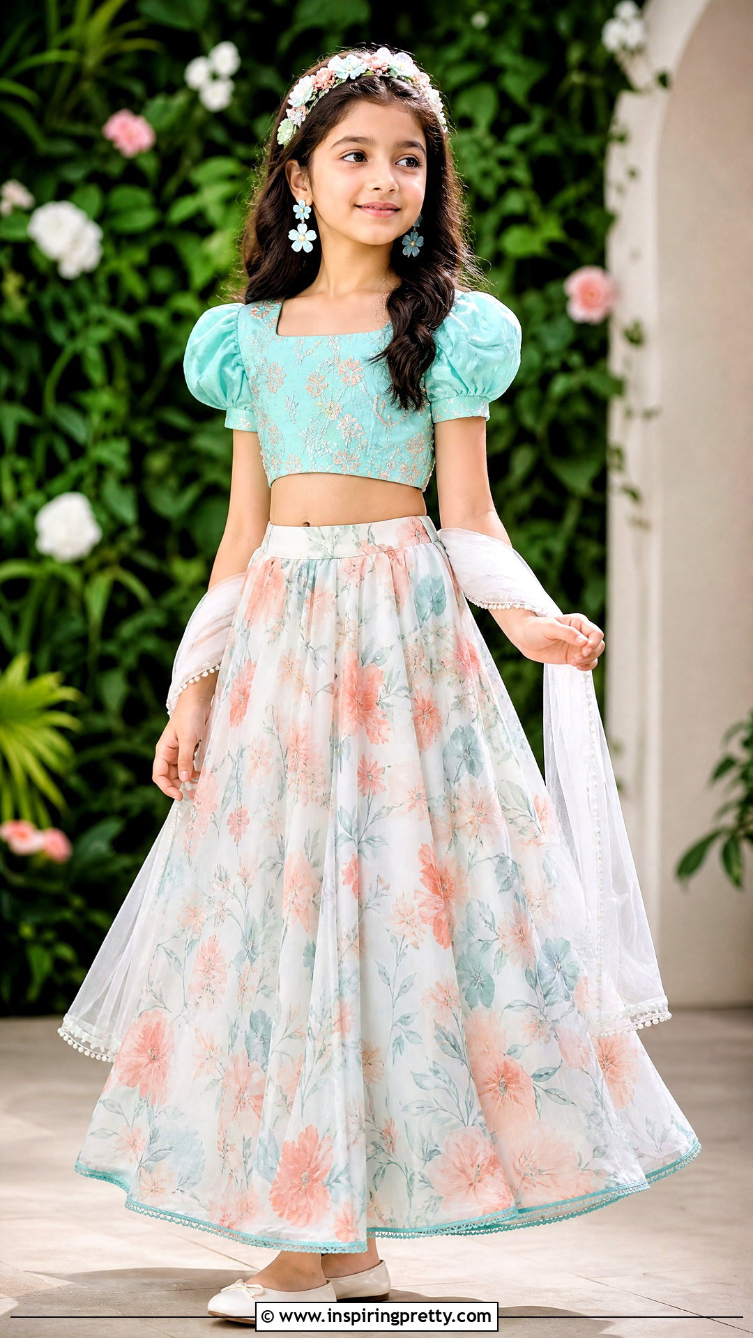 Aqua Floral Kids Crop Top Lehenga - 50 kids crop top lehenga designs
