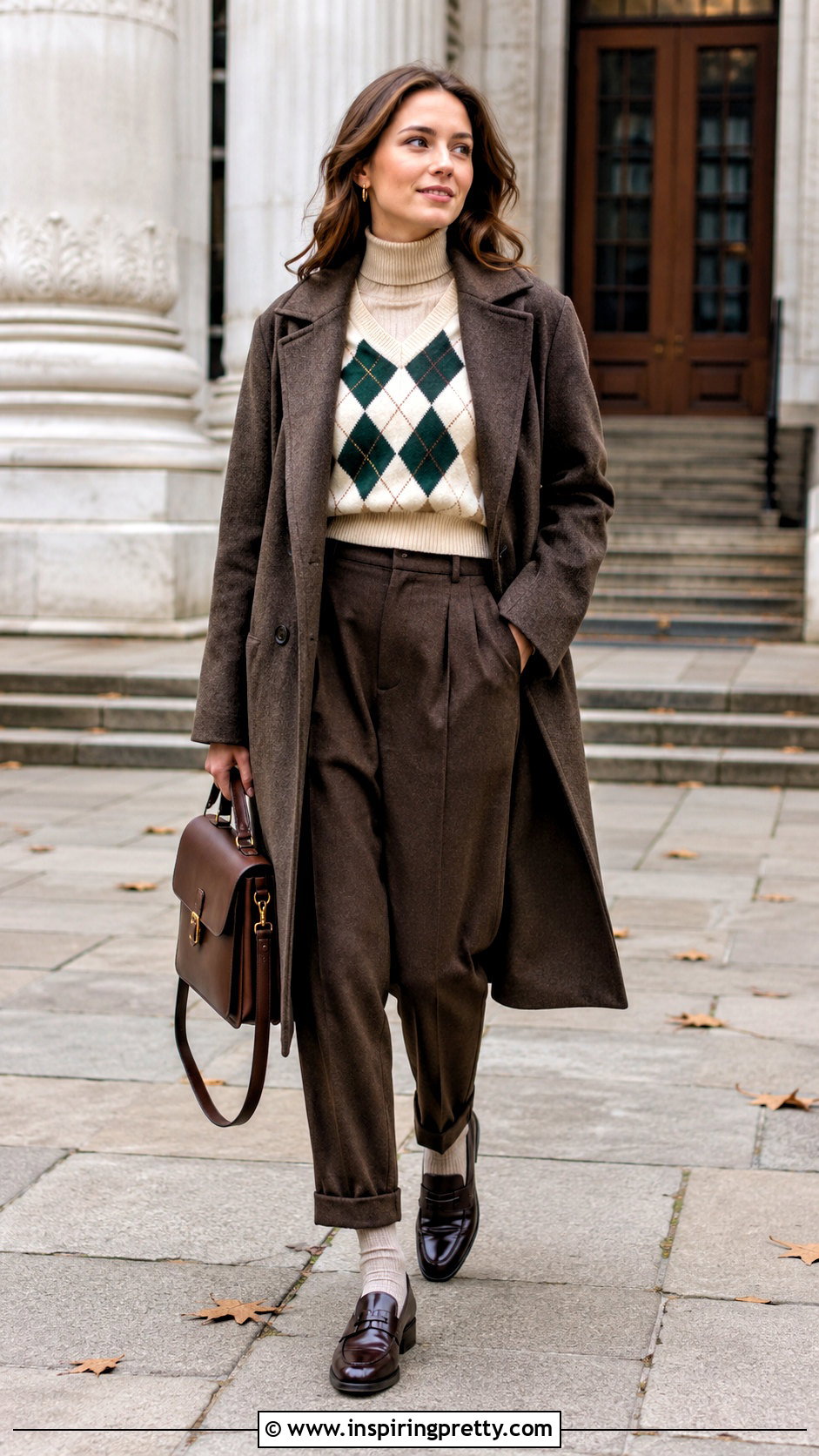 Argyle Sweater With Pleated Trousers - 50 cute winter tops outfit ideas