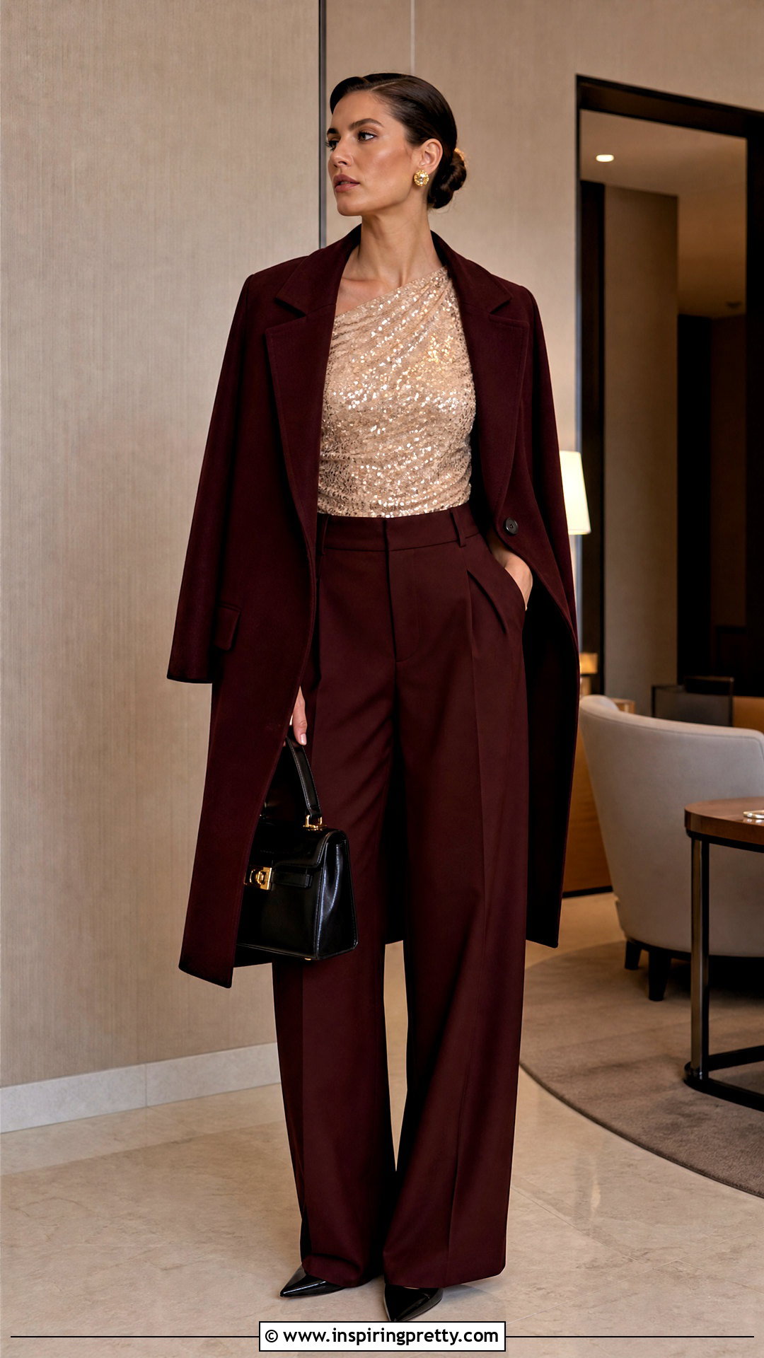 Arlington Sequin Top With Burgundy Trousers - 20 16Arlington Sequin Top outfit ideas