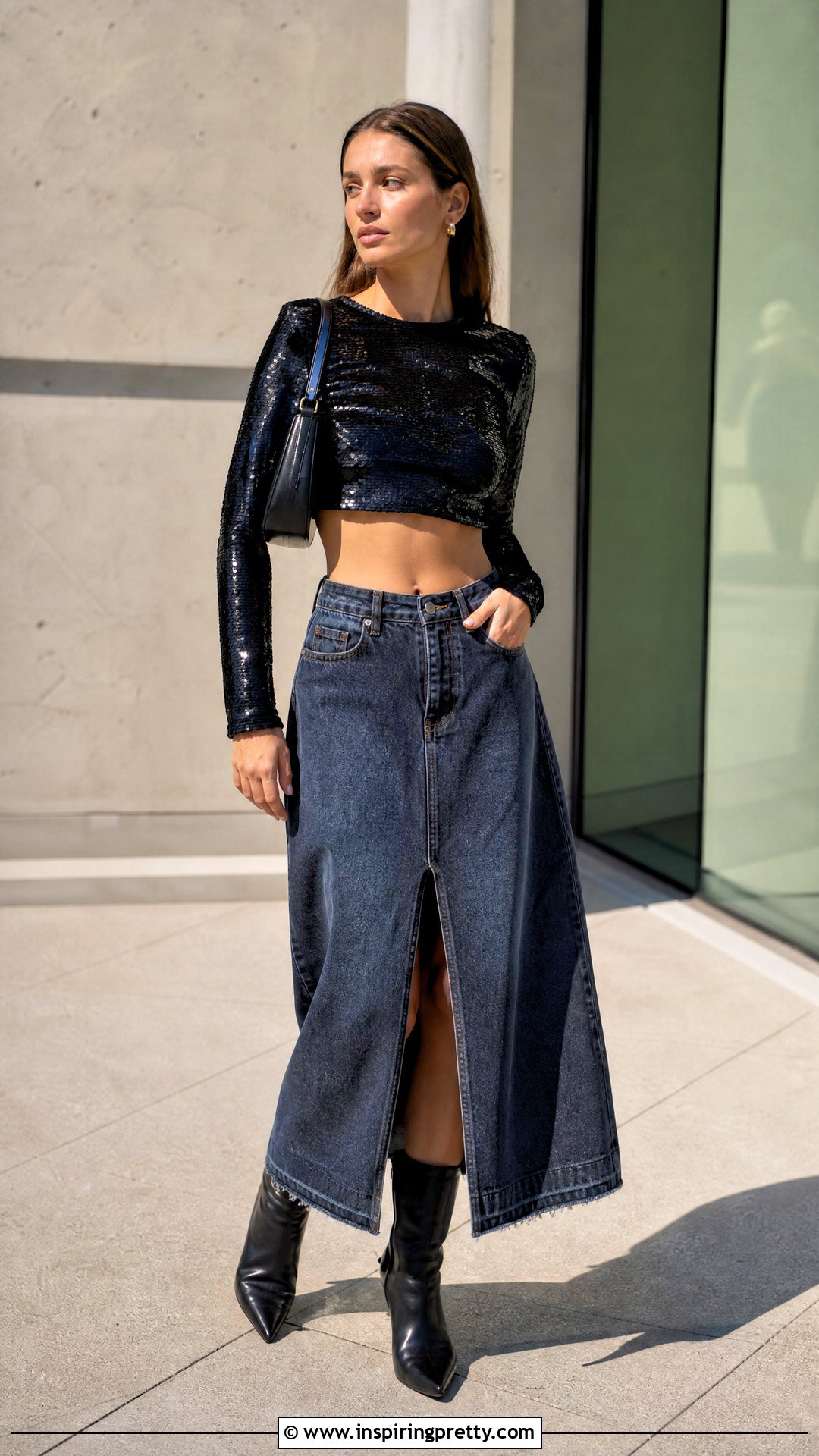Arlington Sequin Top With a Denim Maxi Skirt - 20 16Arlington Sequin Top outfit ideas