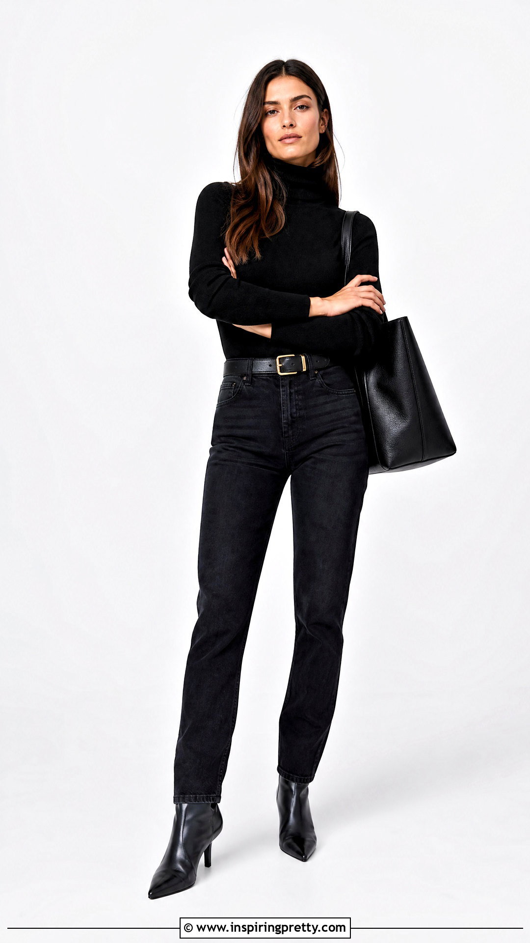 Arms Crossed Pose With Turtleneck And Dark Jeans - 50 Photo Poses In Jeans Tops