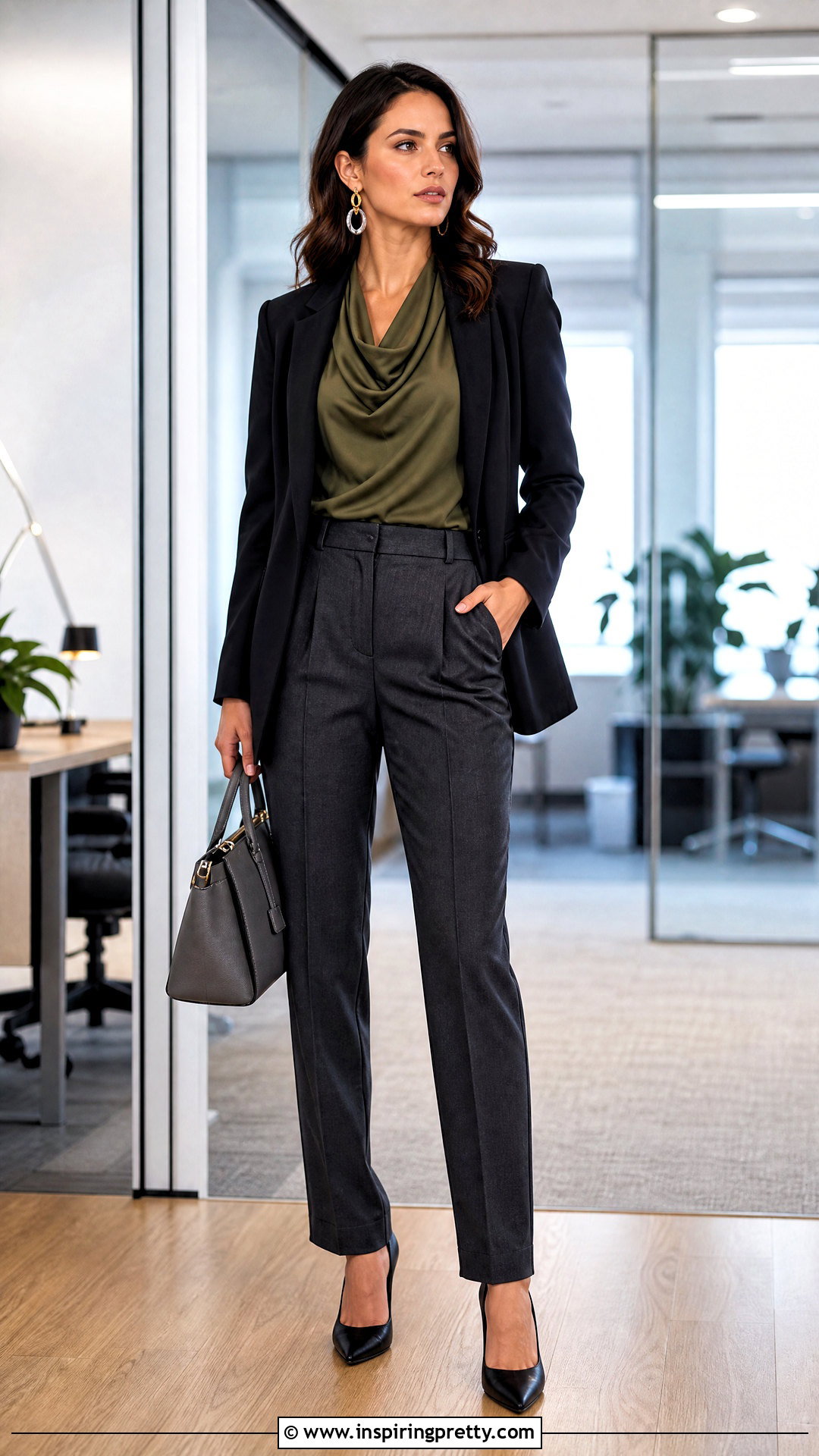 Army Green Cowl Neck Top With Gray Trousers - 25 Army Green Tops For Women