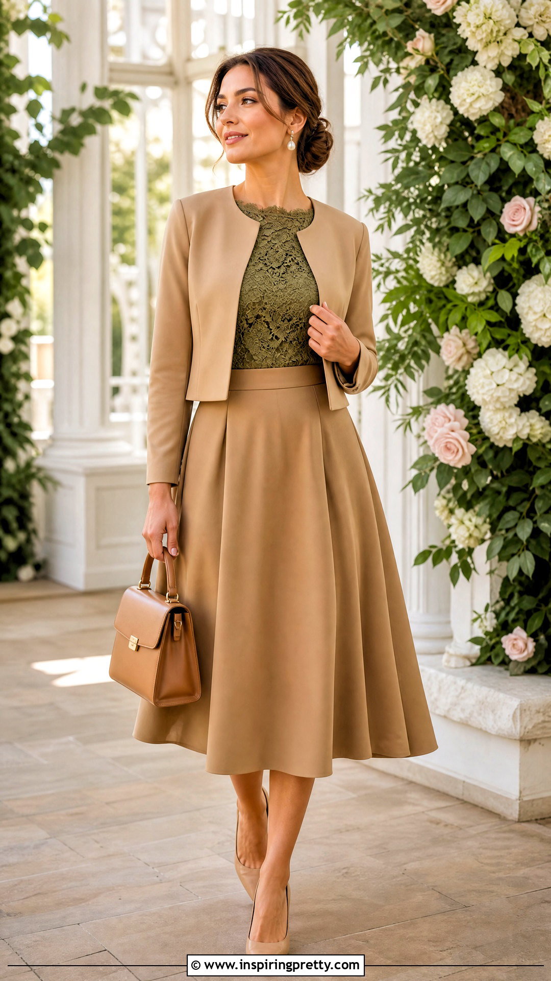 Army Green Lace Top With Camel Skirt - 25 Army Green Tops For Women