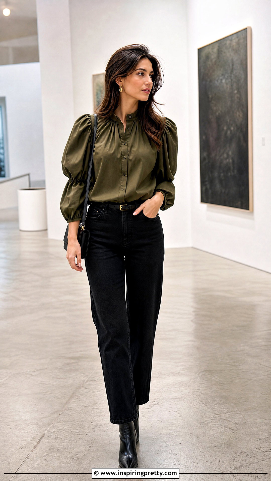 Army Green Puff Sleeve Top With Black Jeans - 25 Army Green Tops For Women