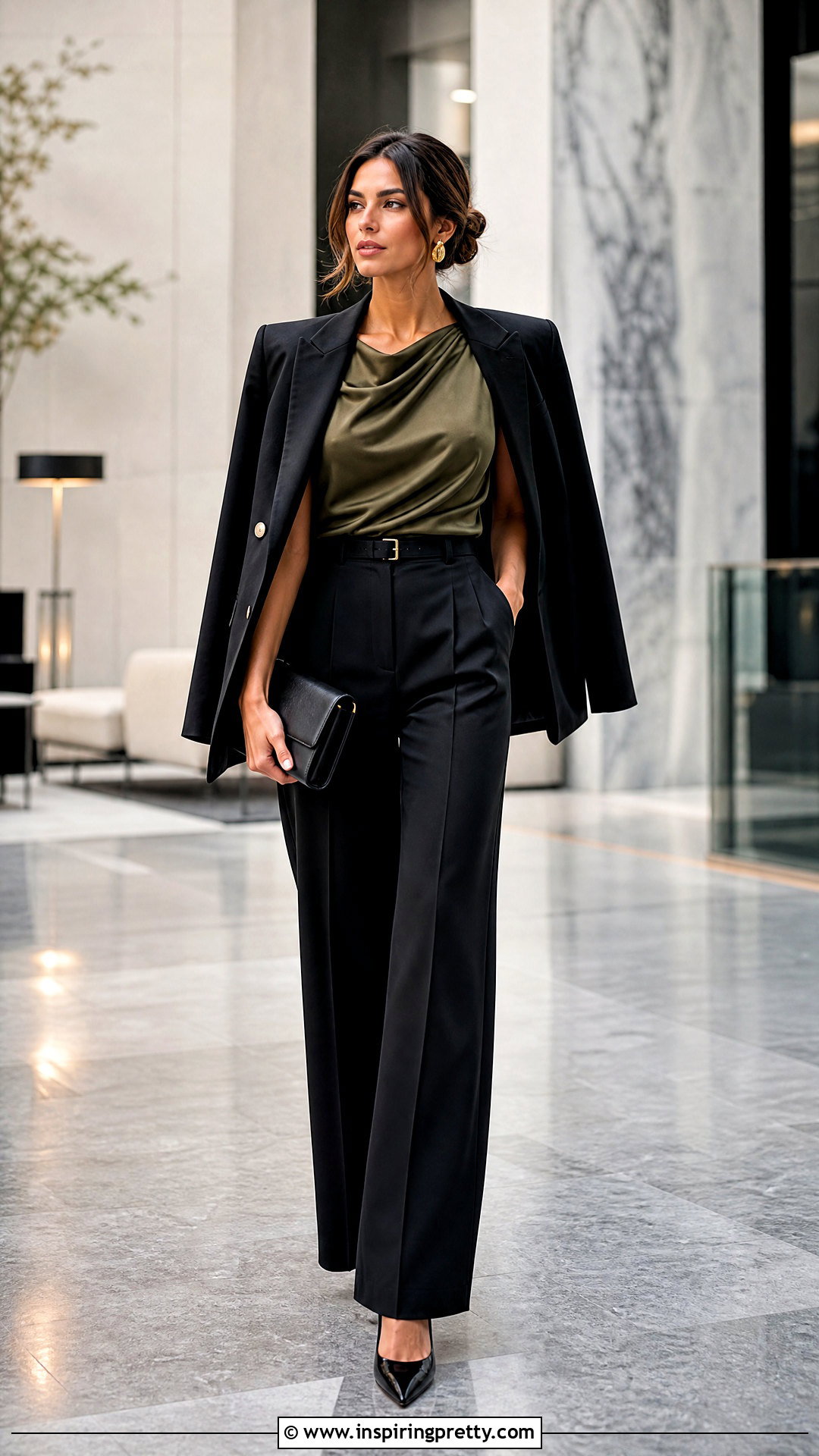 Army Green Satin Top With Black Wide Leg Pants - 25 Army Green Tops For Women