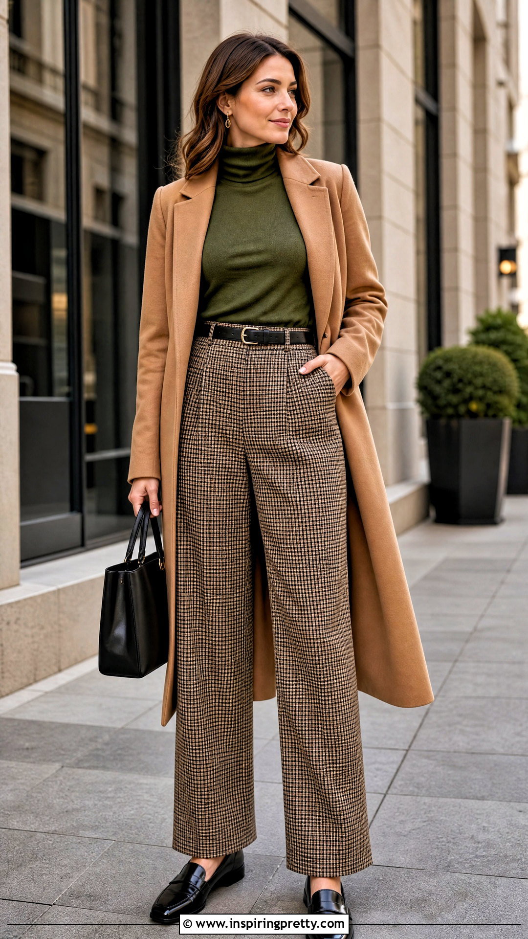 Army Green Turtleneck With Plaid Trousers - 25 Army Green Tops For Women