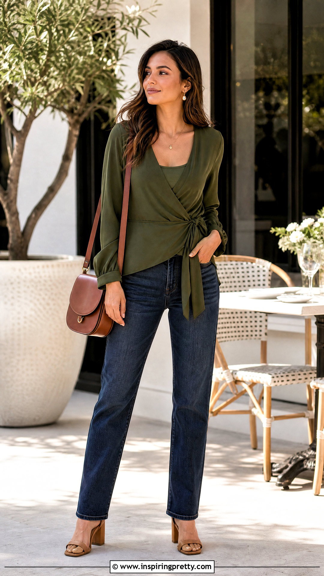 Army Green Wrap Top With Dark Jeans - 25 Army Green Tops For Women