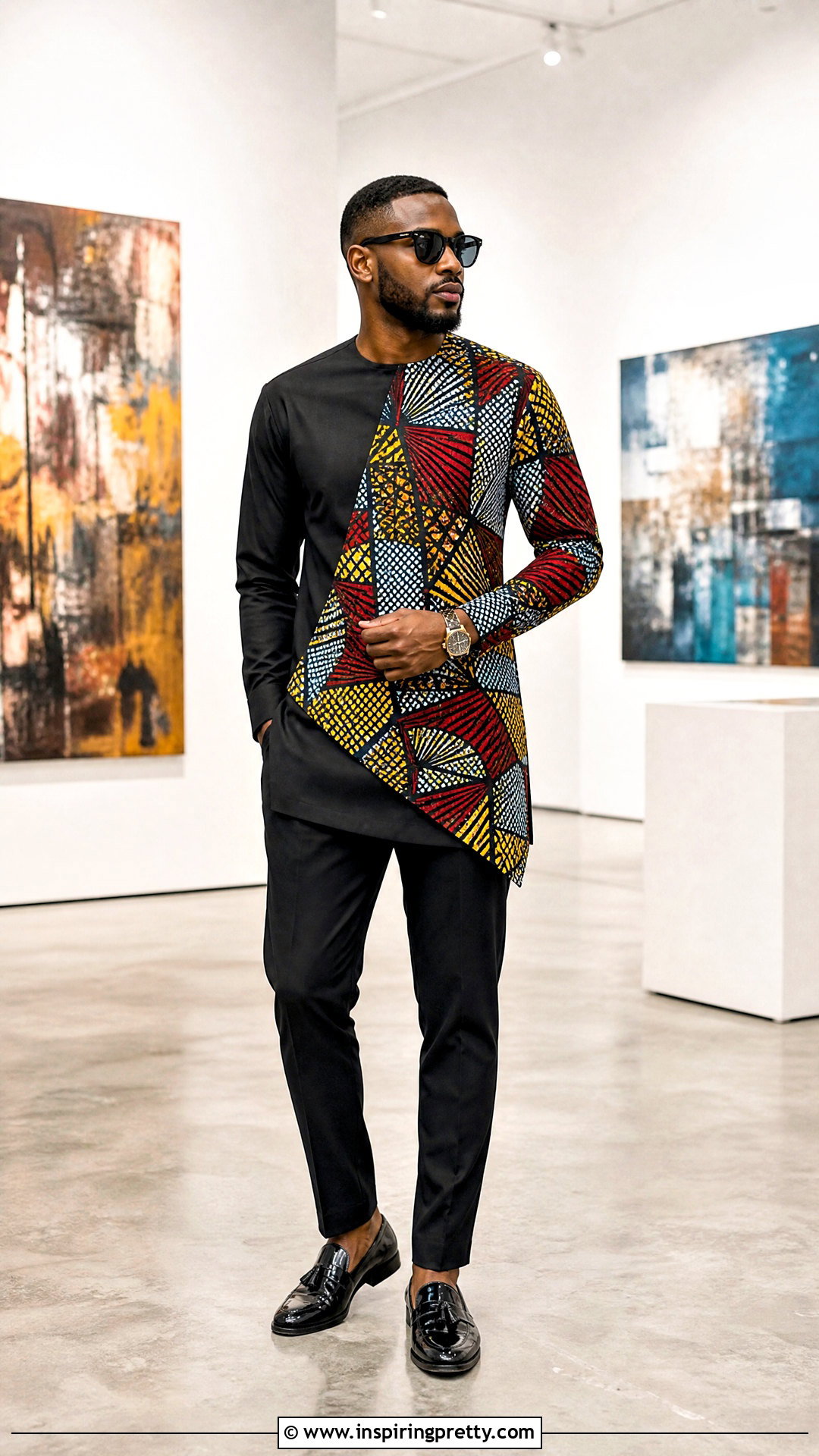 Asymmetric Ankara Top With Black Pants - 50 ankara top for men outfit ideas