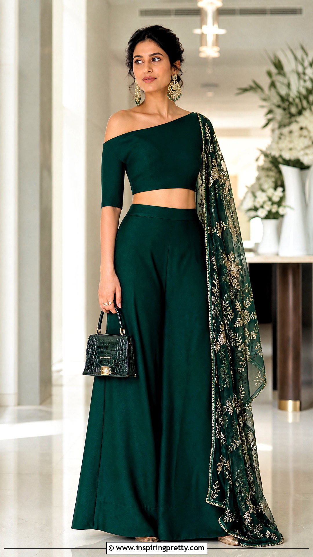 Asymmetric Boat Neck Crop Top Blouse With Palazzo Pants - 20 Crop Top Blouse Designs Latest Boat Necks
