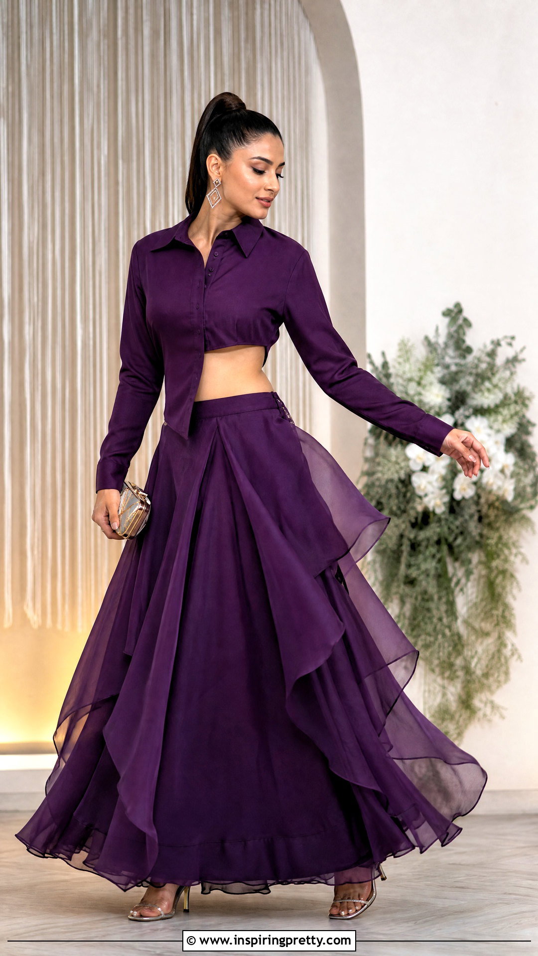 Asymmetric Crop Shirt With Layered Lehenga Outfit - 25 shirt crop top lehenga outfit ideas