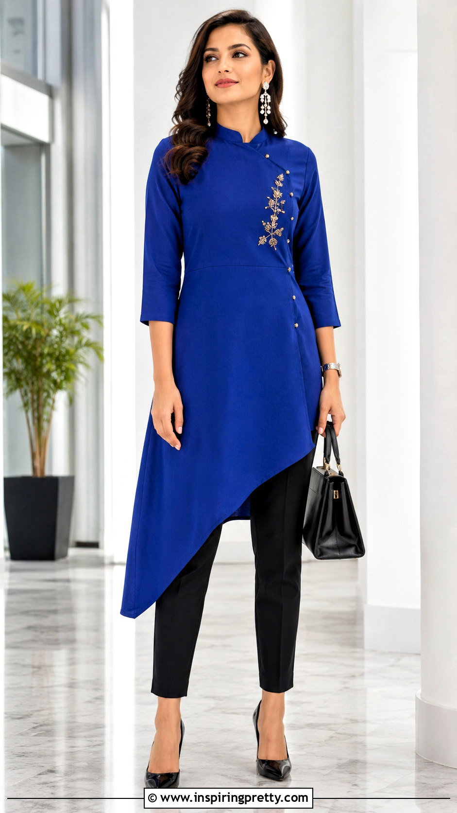 Asymmetric Indo Western Kurti Top With Black Trousers - 50 Indo Western Tops outfit ideas