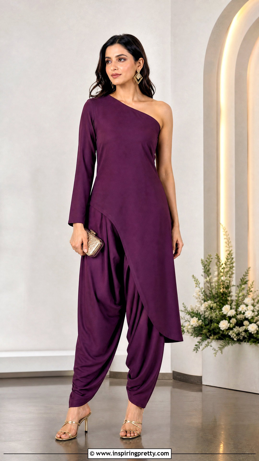 Asymmetric Neck Kurti With Draped Pants - 20 kurthi tops neck designs