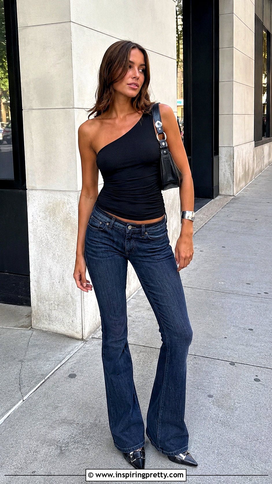 Asymmetric Siren Top With Flared Jeans - 50 siren top outfit ideas