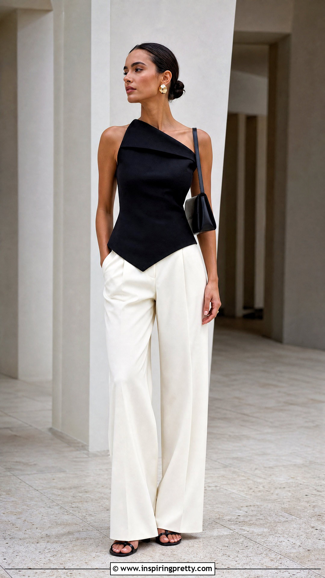 Asymmetric Sleeveless Top With White Trousers - 20 Sleeveless Top Minimalist Style outfit ideas