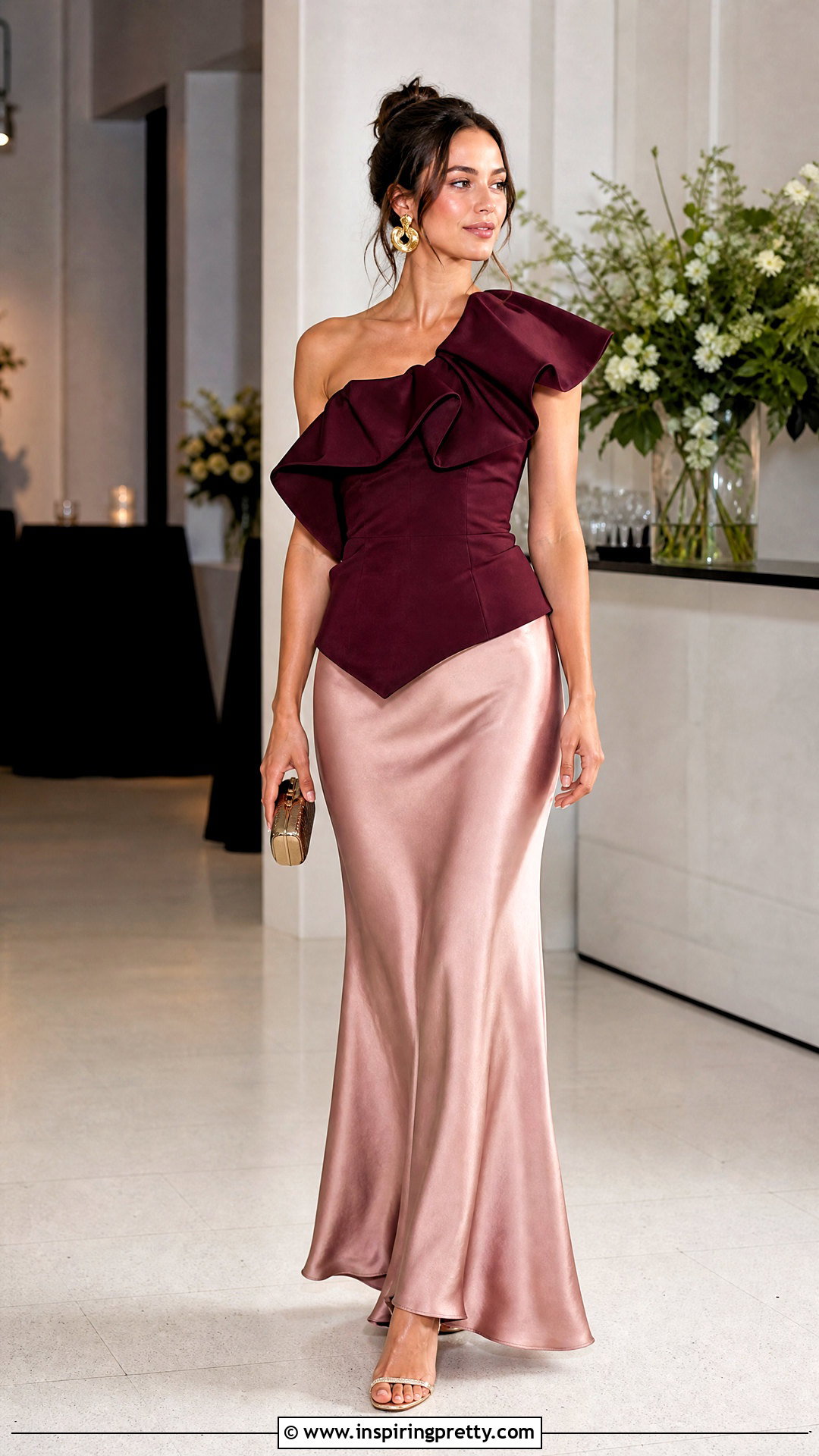 Asymmetric Structured Ruffle Top With Satin Maxi Skirt - 20 Structured Ruffle Top outfit ideas