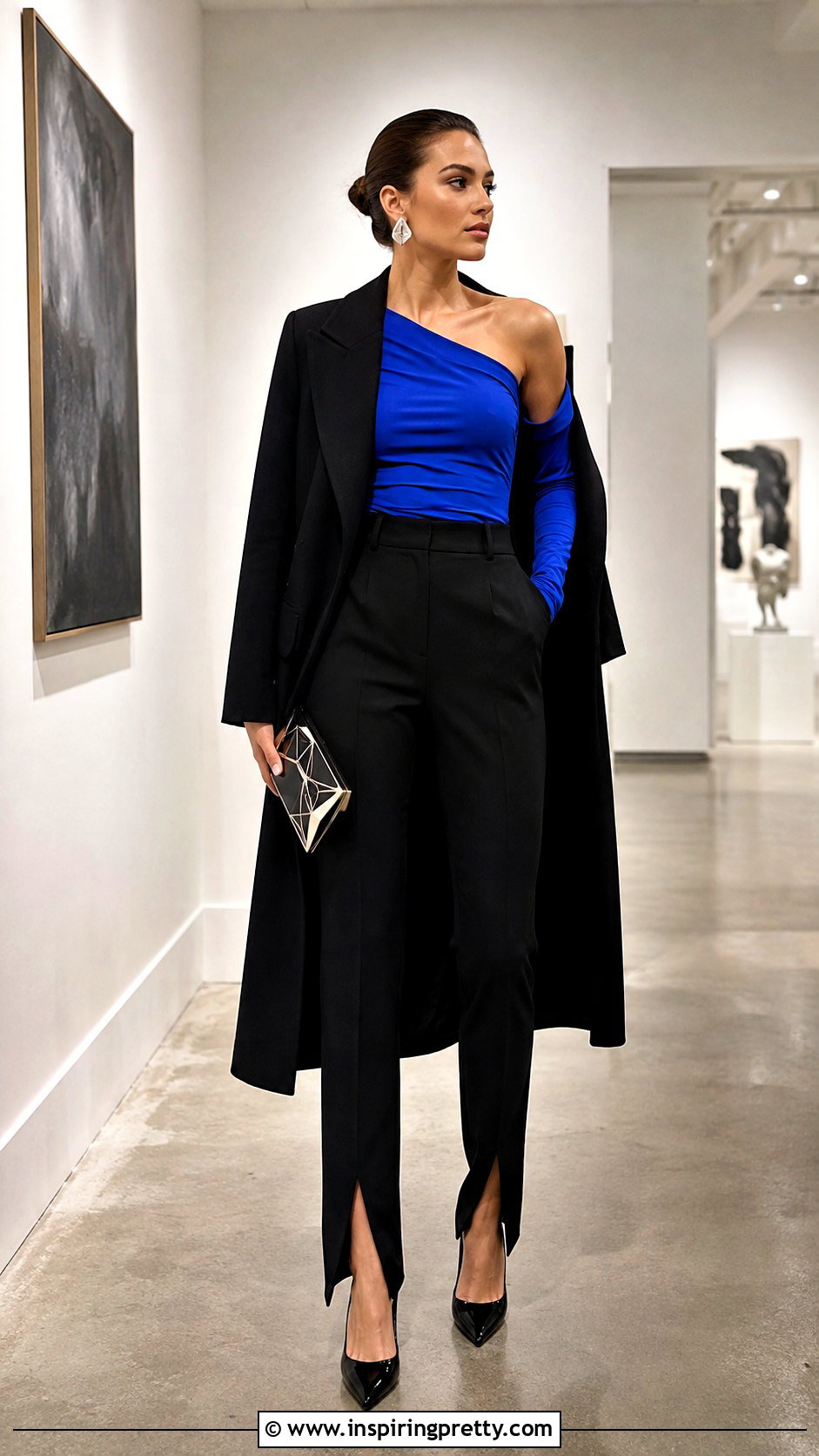 Asymmetric Top With Split Hem Pants - 50 night out tops outfit ideas