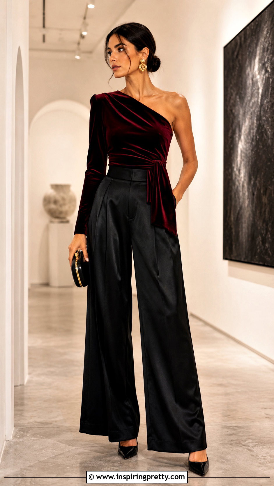 Asymmetric Velvet Black Tie Top With Satin Trousers - 25 black tie tops for women