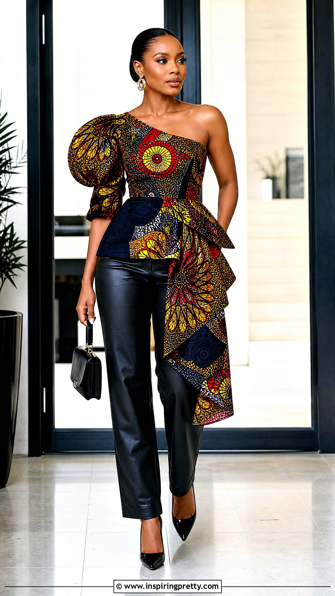 Asymmetrical Ankara Top With Coated Pants - 50 cute ankara tops outfit ideas