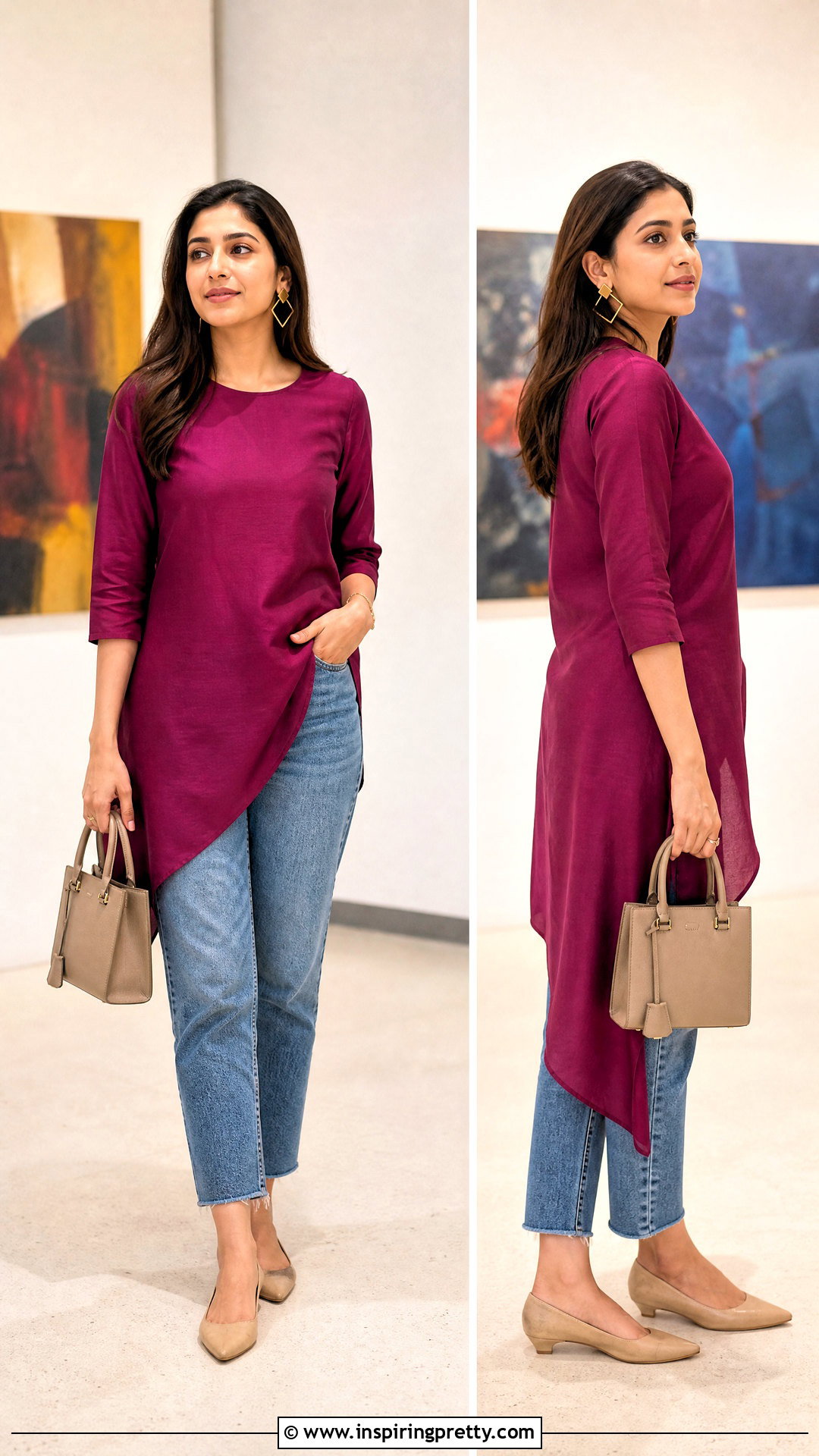 Asymmetrical Kurti Top With Cropped Jeans - 50 kurti top outfit ideas