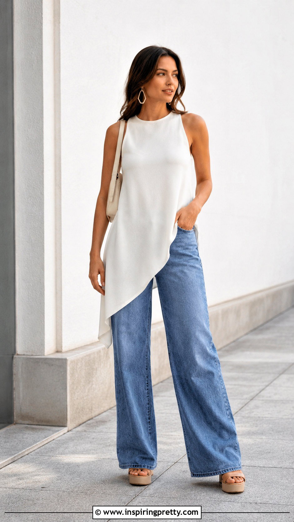 Asymmetrical Long Tank Top With Wide Leg Jeans - 50 long tank top outfit ideas