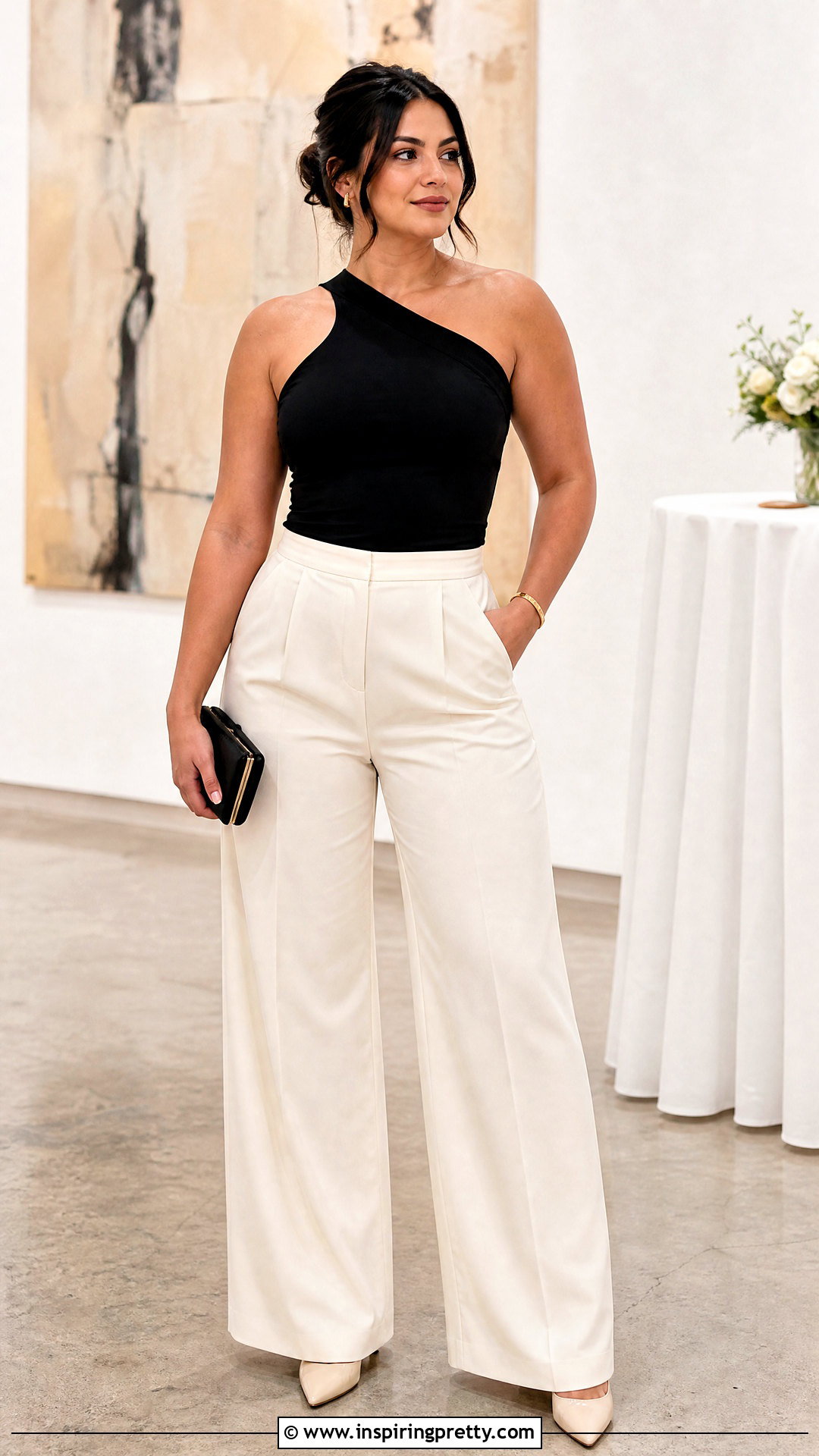 Asymmetrical Neck Top With Wide Leg Trousers - 50 tops for big busted women
