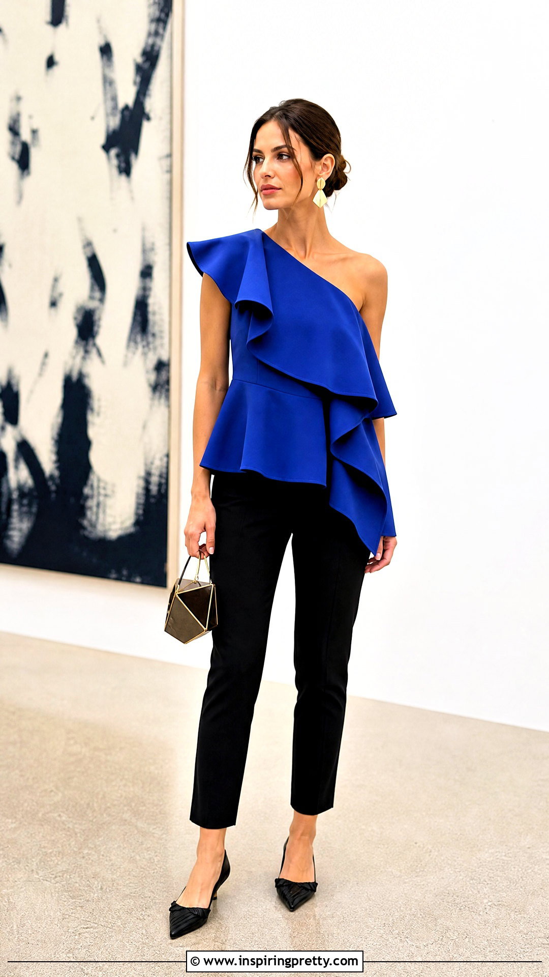 Asymmetrical Ruffle Top With Slim Pants - 50 whimsical tops outfit ideas