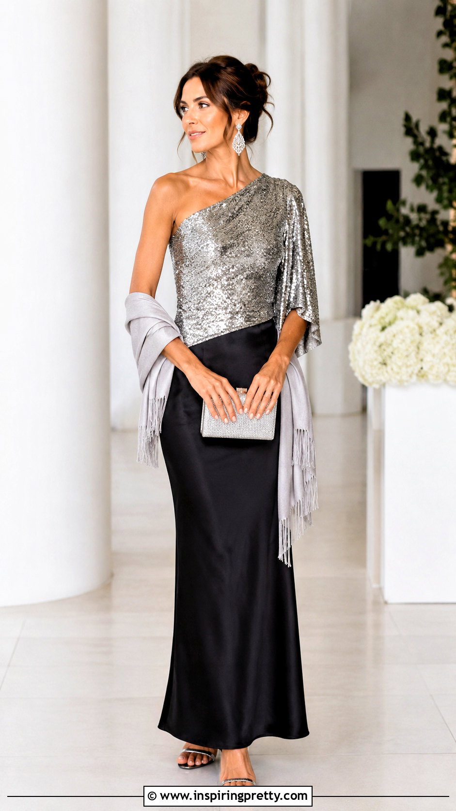 Asymmetrical Sequin Top With Maxi Skirt - 50 sequin top outfit parties