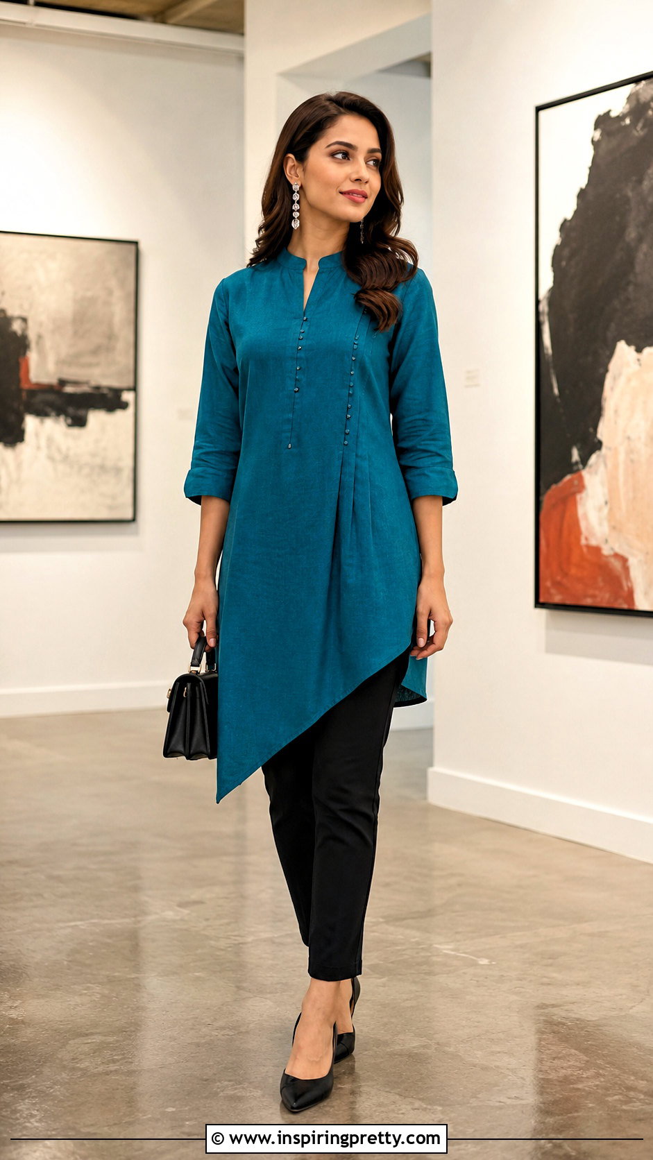 Asymmetrical Short Kurti With Ankle Pants - 50 short kurti top outfit ideas