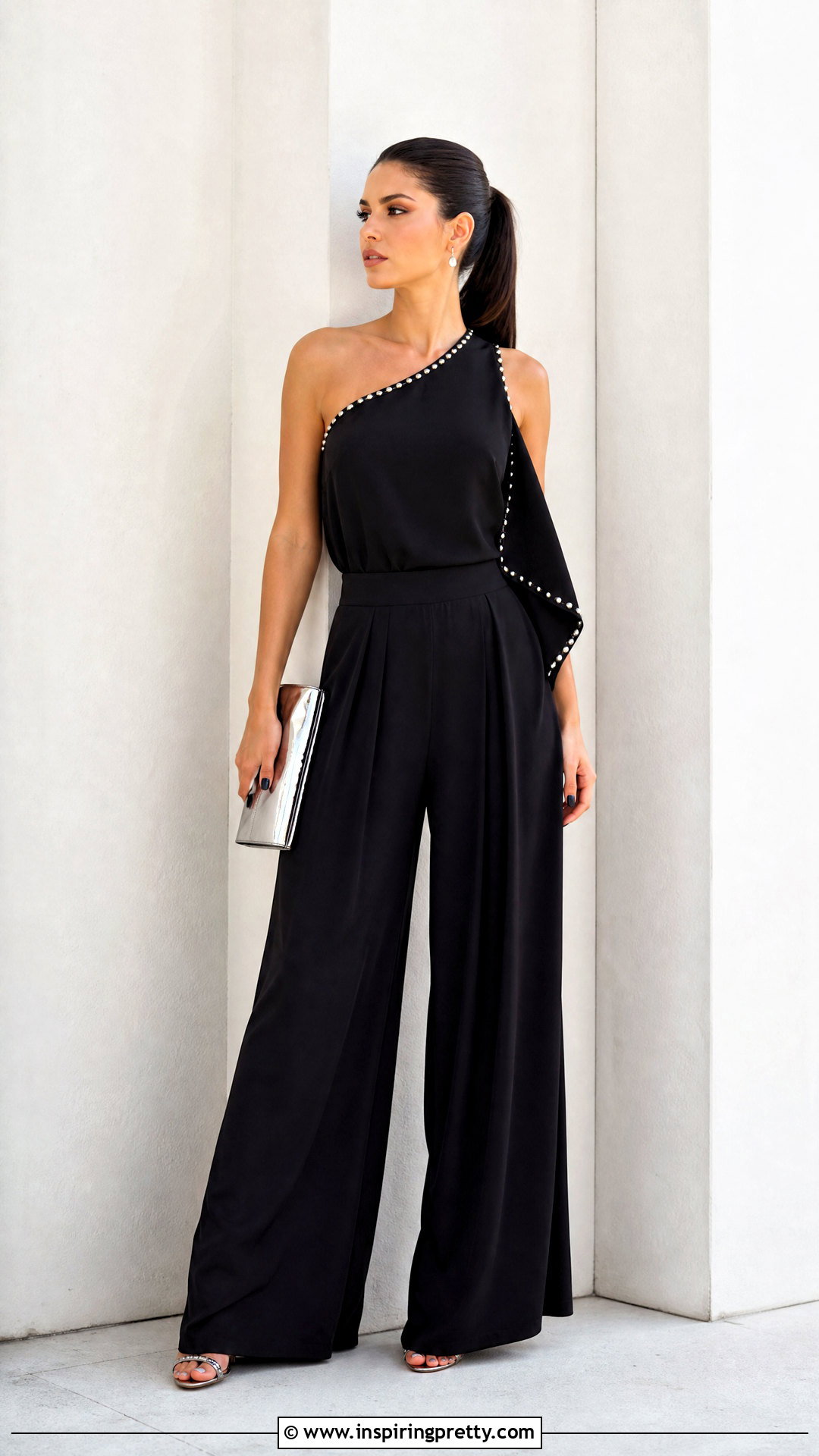 Asymmetrical Stud Trim Top With Palazzo Pants - 20 stud trim top outfit ideas