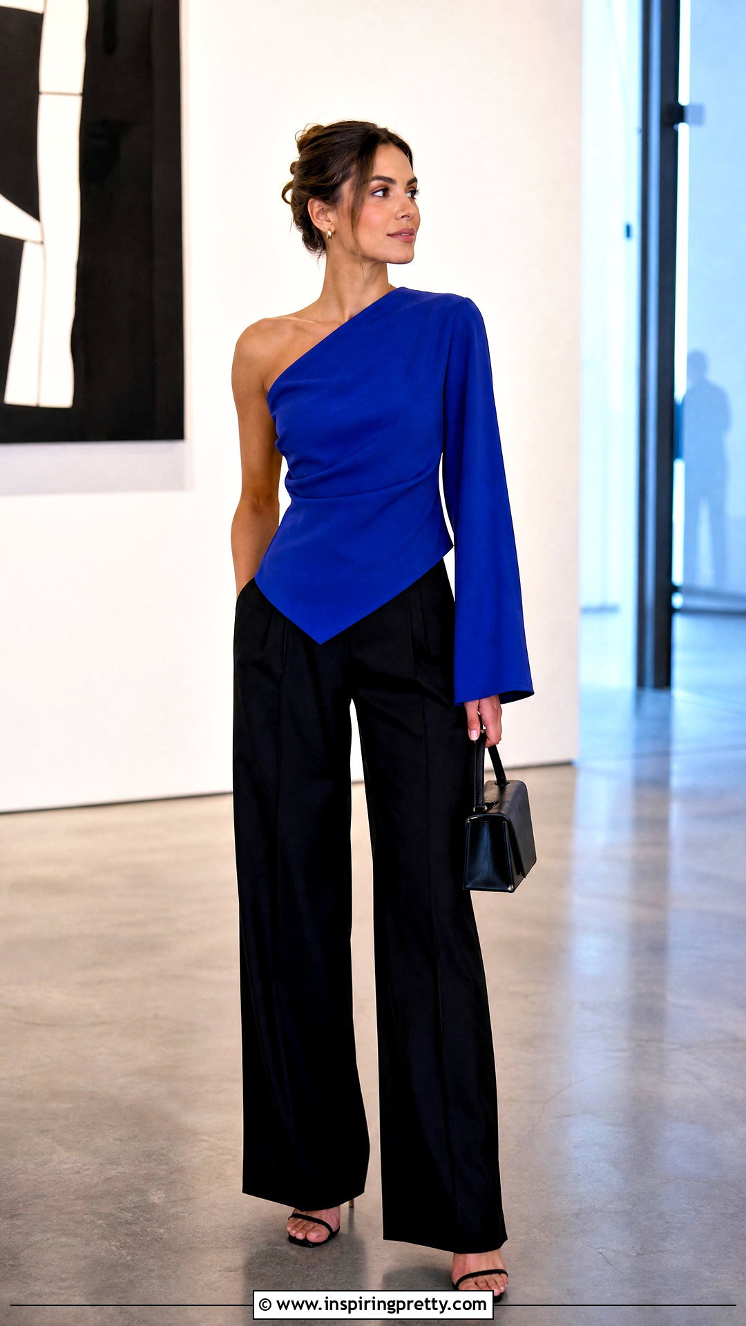 Asymmetrical Top With Black Trousers - 50 types of tops outfit ideas