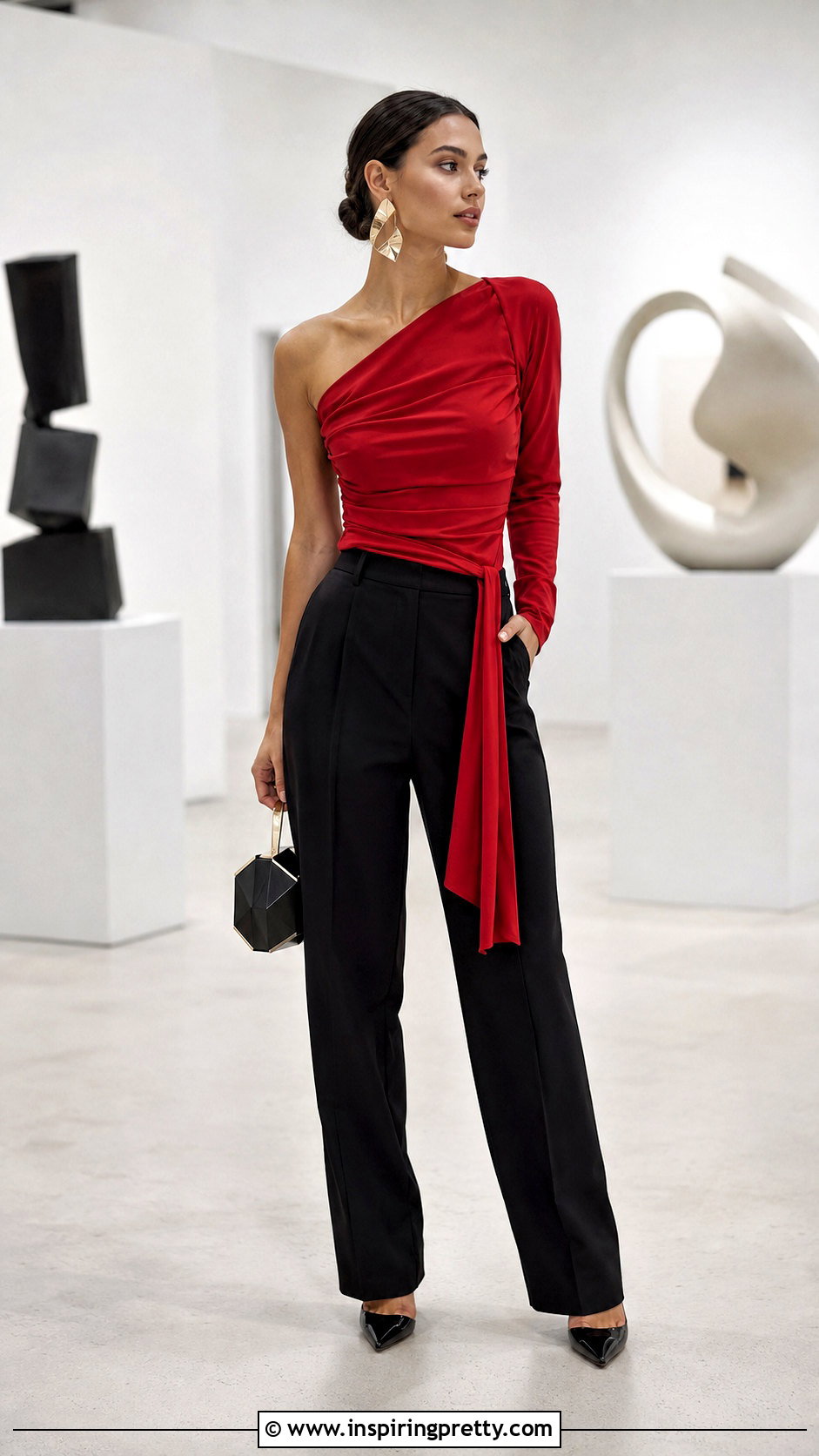 Asymmetrical Top With Straight Trousers - 50 dressy tops outfit ideas