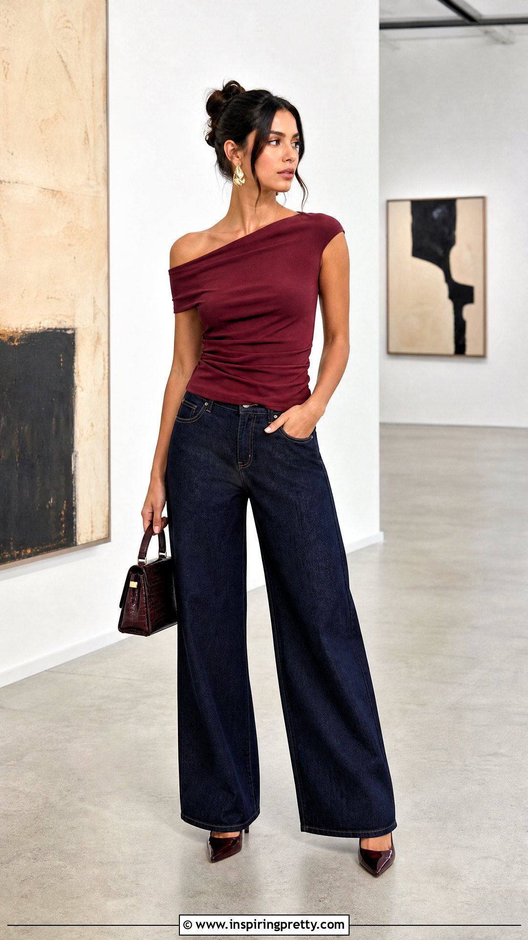 Asymmetrical Top With Wide Leg Jeans - 50 Top For Jeans