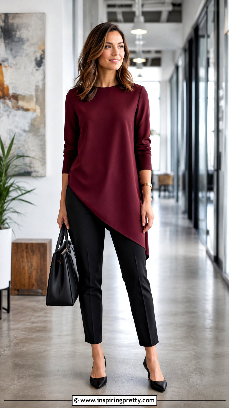 Asymmetrical Tunic Top With Cigarette Pants - 20 business casual tunic tops outfit ideas