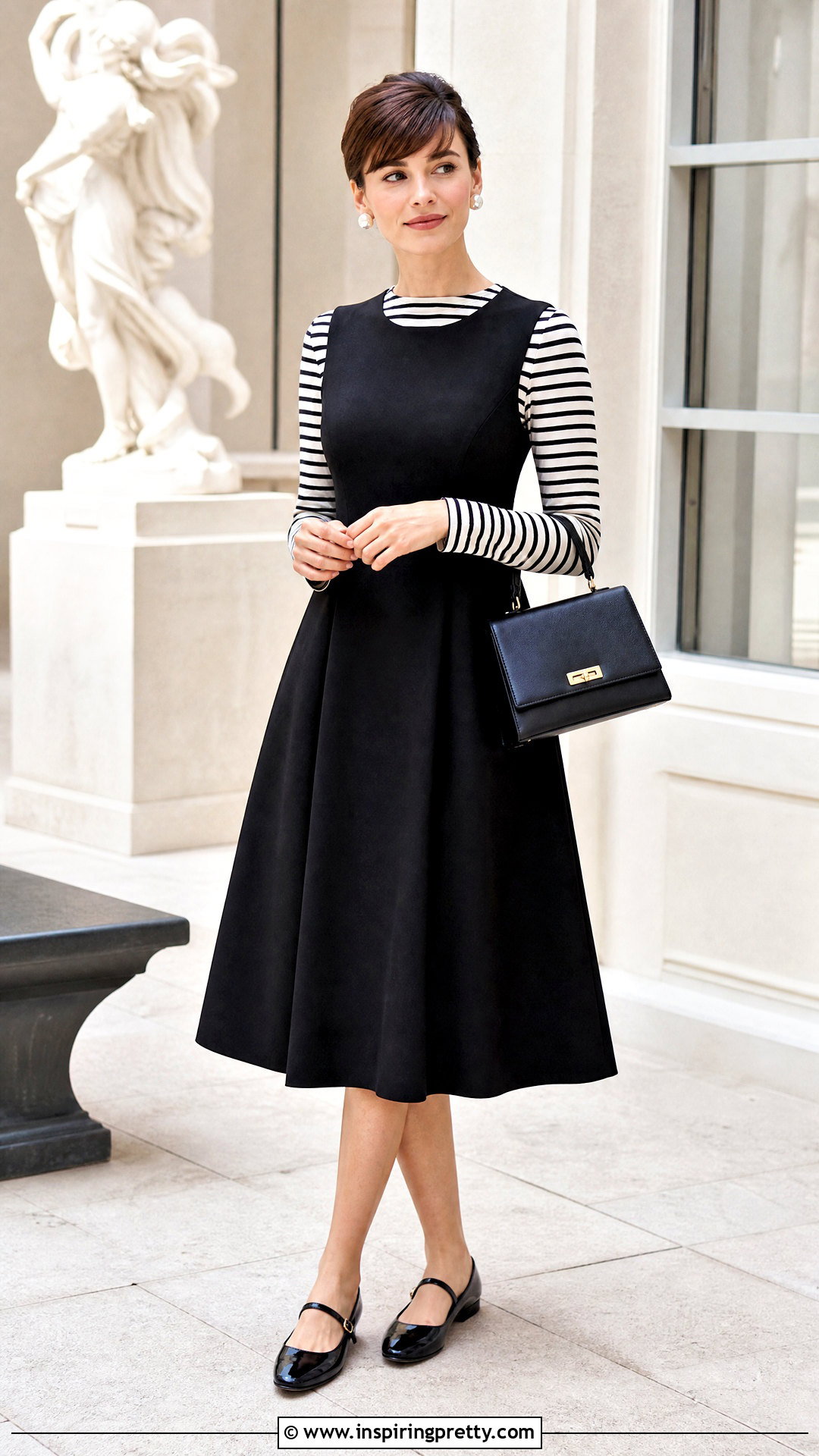 Audrey Hepburn Striped Top Under A Sleeveless Dress - 20 Audrey Hepburn Striped Top outfit ideas