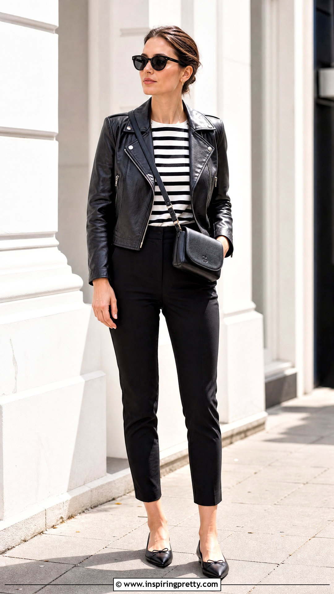 Audrey Hepburn Striped Top With Leather Jacket - 20 Audrey Hepburn Striped Top outfit ideas