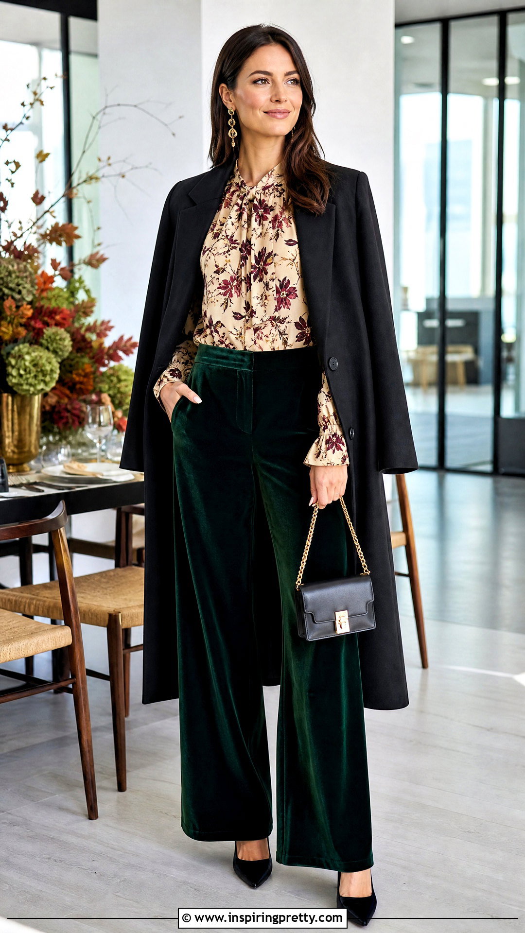 Autumn Floral Blouse With Velvet Pants - 20 Autumn Flower Tops outfit ideas
