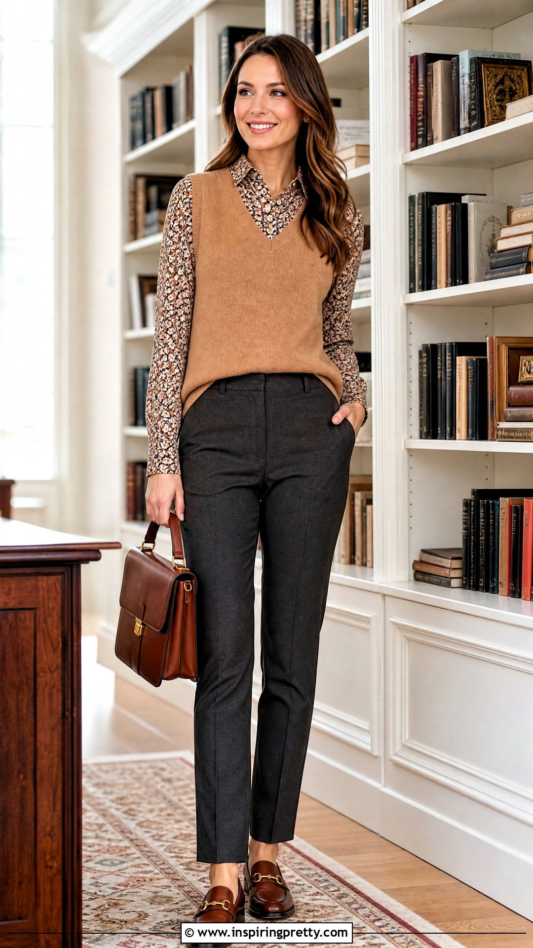 Autumn Floral Shirt With Sweater Vest And Trousers - 20 Autumn Flower Tops outfit ideas