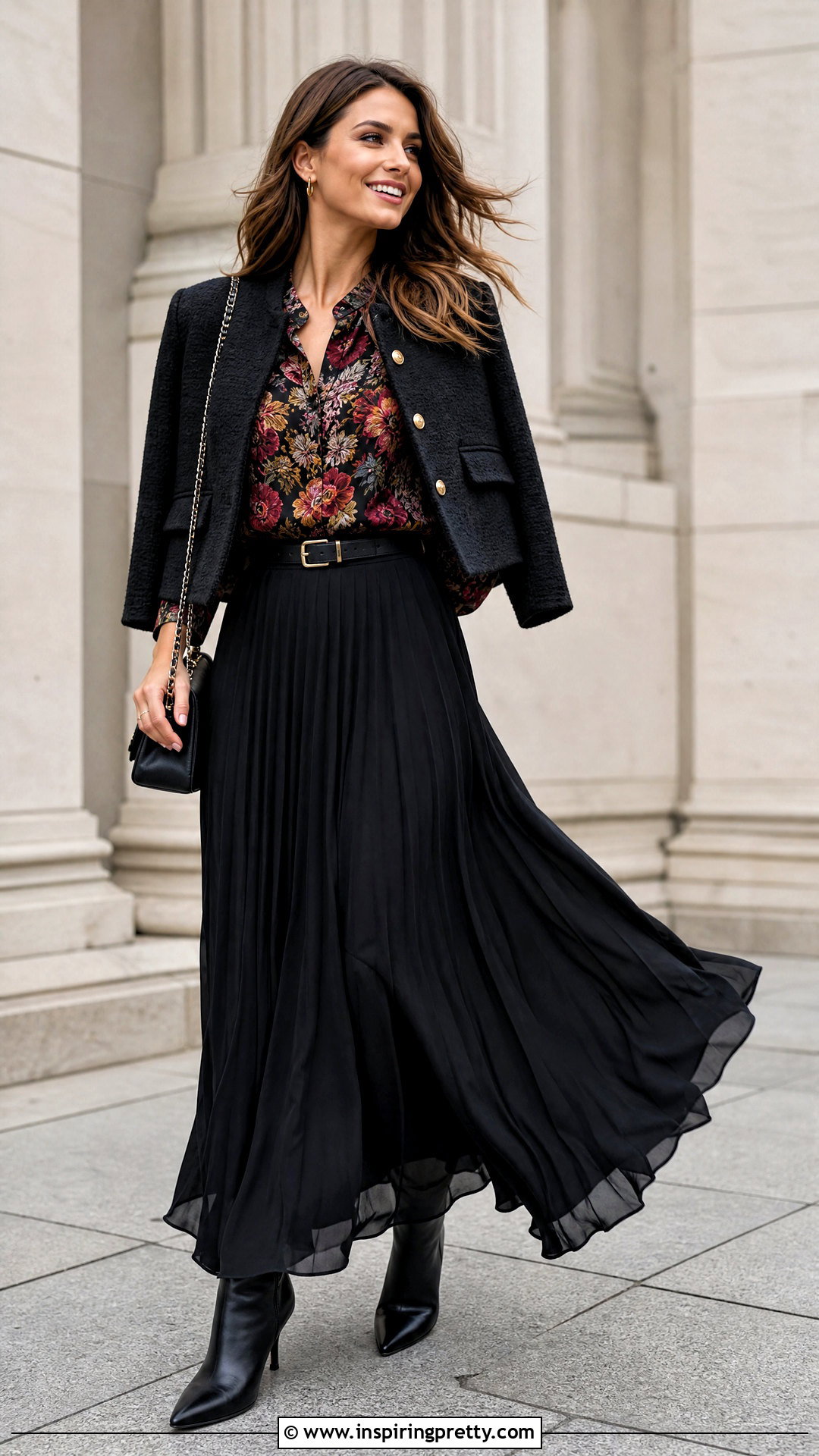 Autumn Floral Top With Black Maxi Skirt - 20 Autumn Flower Tops outfit ideas