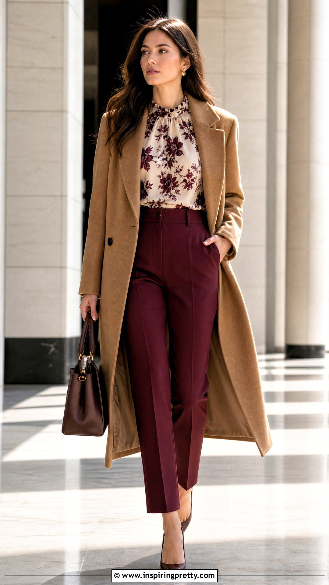 Autumn Floral Top With Burgundy Trousers - 20 Autumn Flower Tops outfit ideas