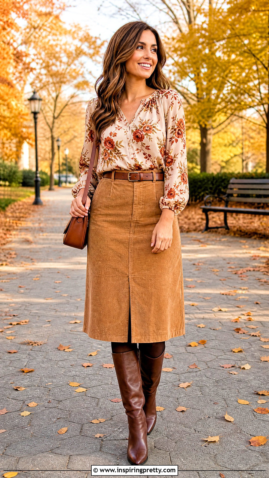 Autumn Floral Top With Corduroy Skirt - 20 Autumn Flower Tops outfit ideas